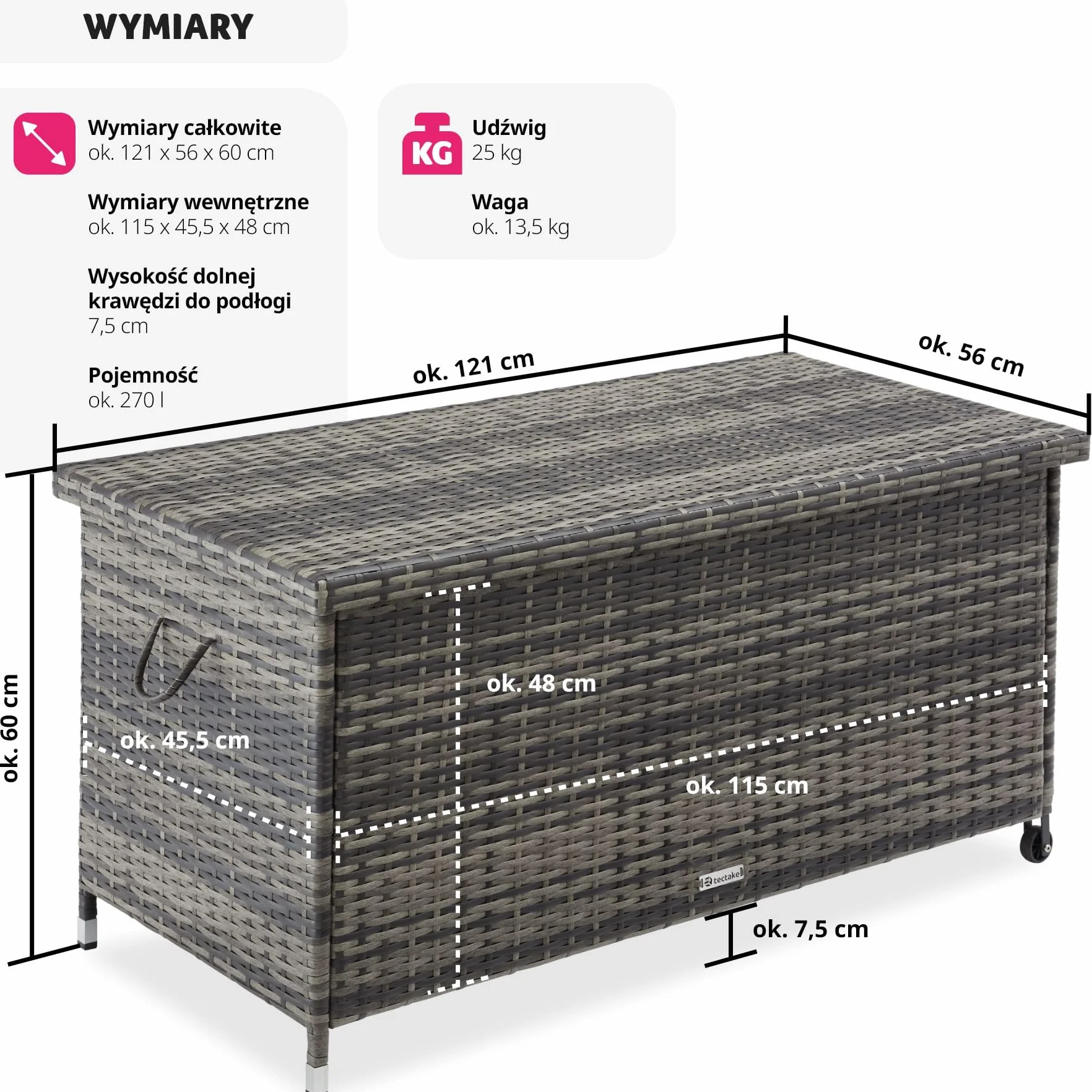 tectake® Uniwersalna Skrzynia Ogrodowa, Duża Pojemność 297l, 117x54x64cm, Trwała Plecionka z Polirattanu, Wytrzymała Rama z Aluminium, Wzmocniona Pokrywa z Systemem Sprężyny Gazowej (Szary)