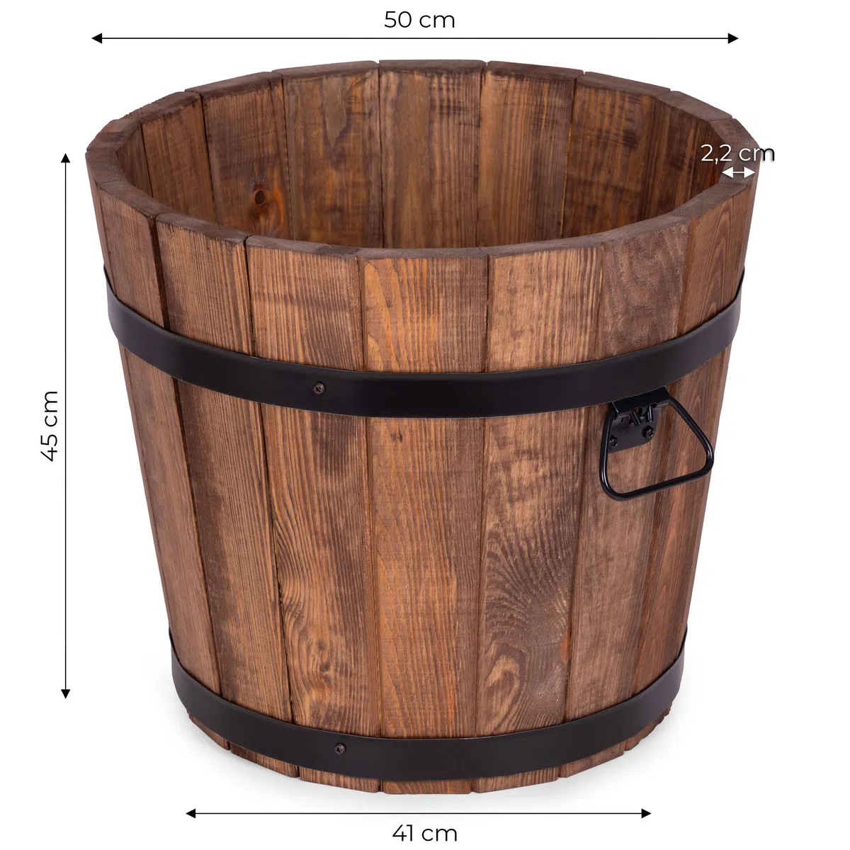 Okrągła Donica Drewniana 50x45 cm – Duża Doniczka Ogrodowa z Drewna Sosnowego w Kształcie Beczki – 60L, Brązowy Orzech, Do Ogrodu, Na Taras i Balkon