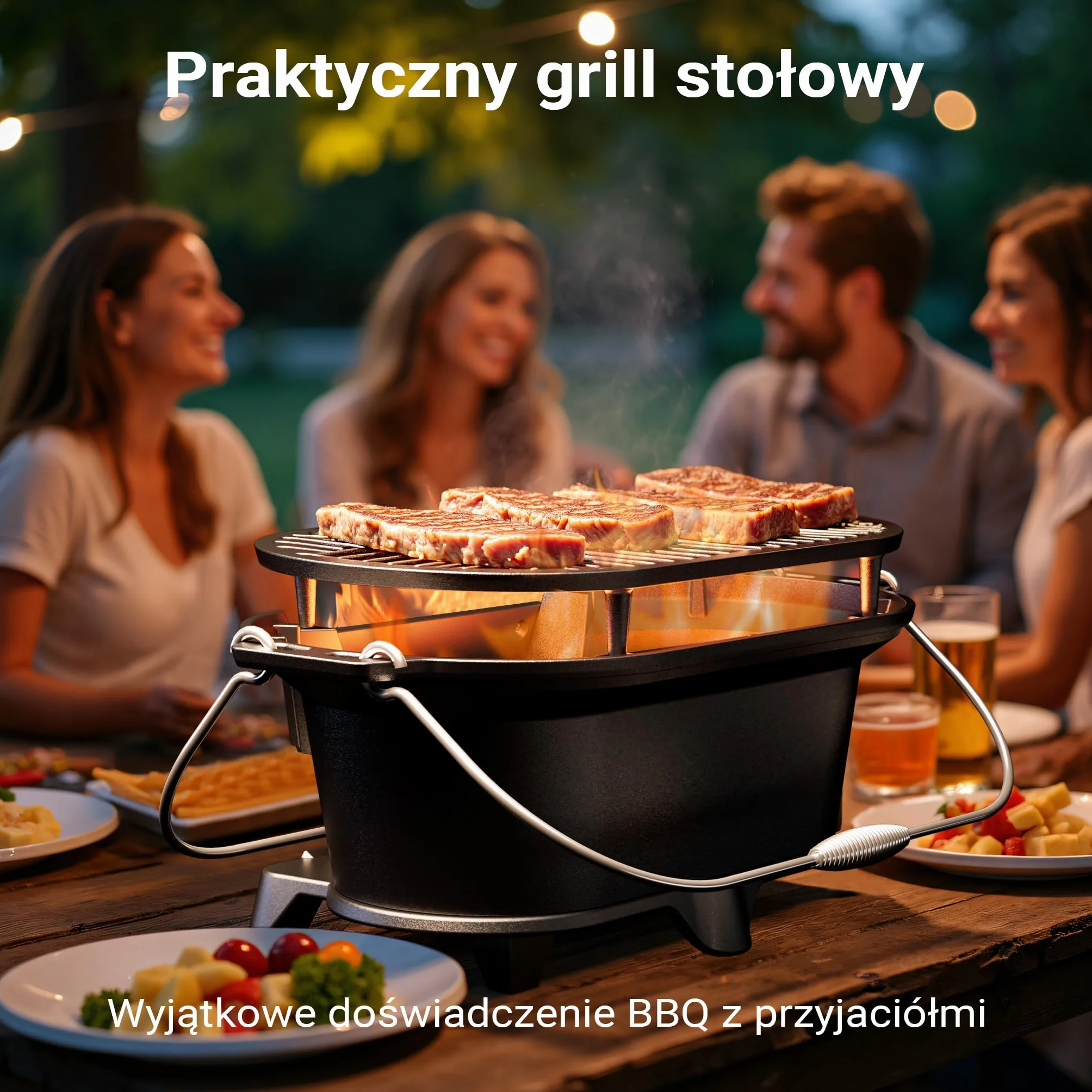 Wiltec Przenośny grill żeliwny o wymiarach 500 x 270 x 210 mm, z uchwytami i płytą do grillowania, miska na węgiel z otworem wentylacyjnym