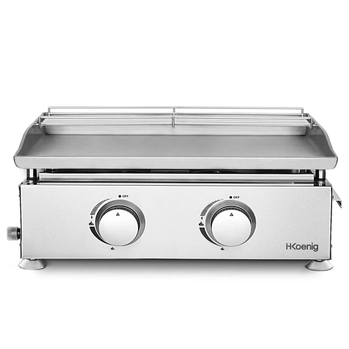 H.Koenig Plancha PLX920 2 palniki gazowe U ze stali nierdzewnej, propan lub butan, jednorodna dystrybucja ciepła, regulowana temperatura do 350°C, antypoślizgowe nóżki