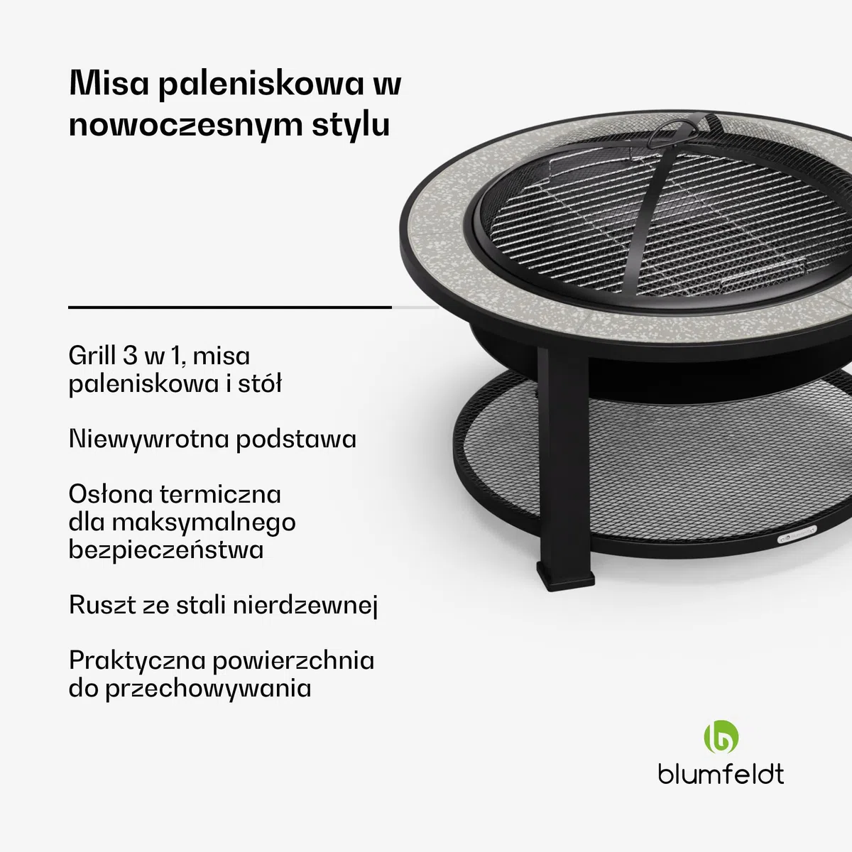 blumfeldt Palenisko ogrodowe 3 w 1 (palenisko, stół, grill), z ochroną przed wysoką temperaturą, rusztem do grillowania, pogrzebaczem, ochroną przed iskrami, ochroną przed deszczem – idealny jako