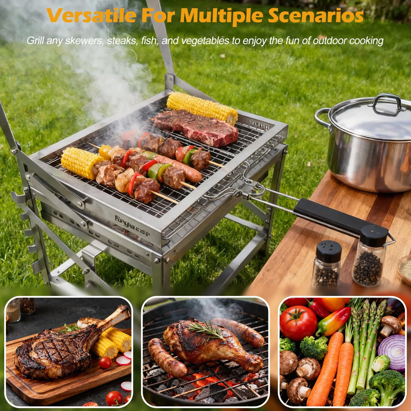 Ergocar Grill na węgiel drzewny zewnętrzny wielofunkcyjny przenośny obrotowy z regulowaną wysokością 4-poziomowa taca na węgiel drzewny idealna do wędzenia na świeżym powietrzu, pikników, grillowania