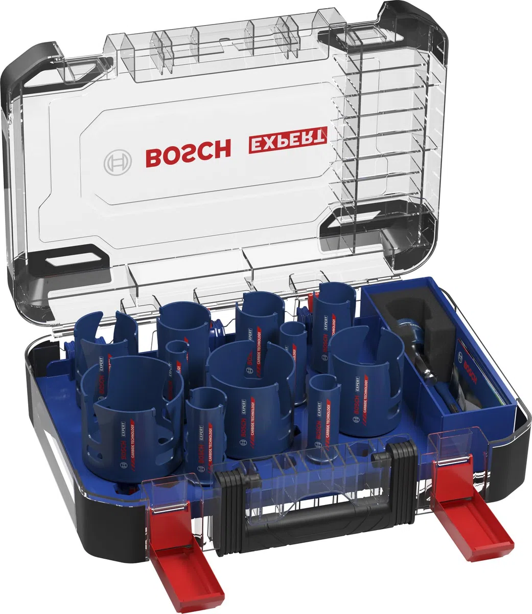 Bosch 15x Zestaw uniwersalnych otwornic EXPERT Construction Material PC Plus (do Miękkie drewno, Płyta wiórowa, Ø 20, 22, 25, 32, 35, 40, 44, 51, 60, 68, 76 mm, Professional Akcesoria Wiertarki)