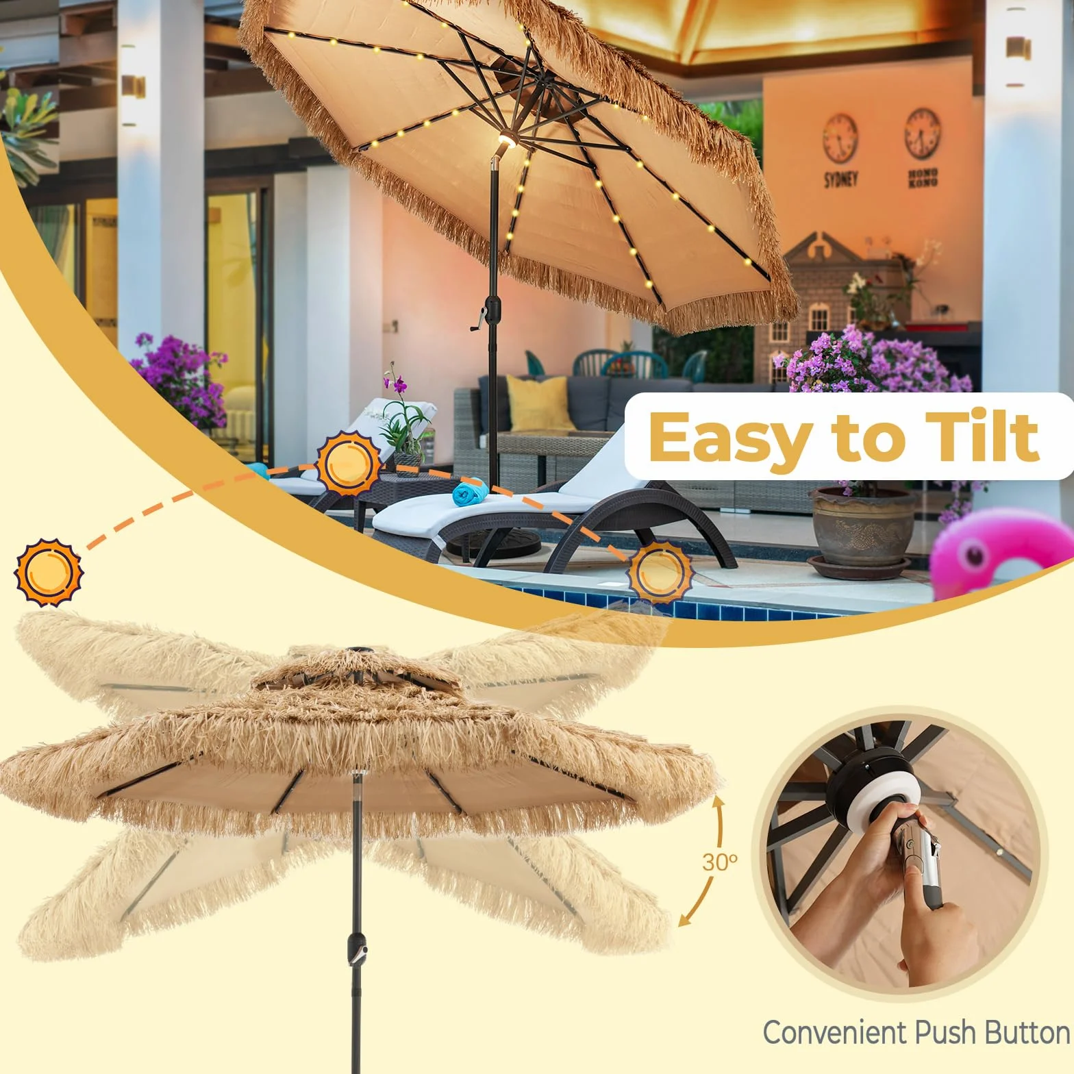 Parasol plażowy KOMFOTTEU Ø270/300 cm, ze słomy PE, nachylony, podwójny dach, do ogrodu