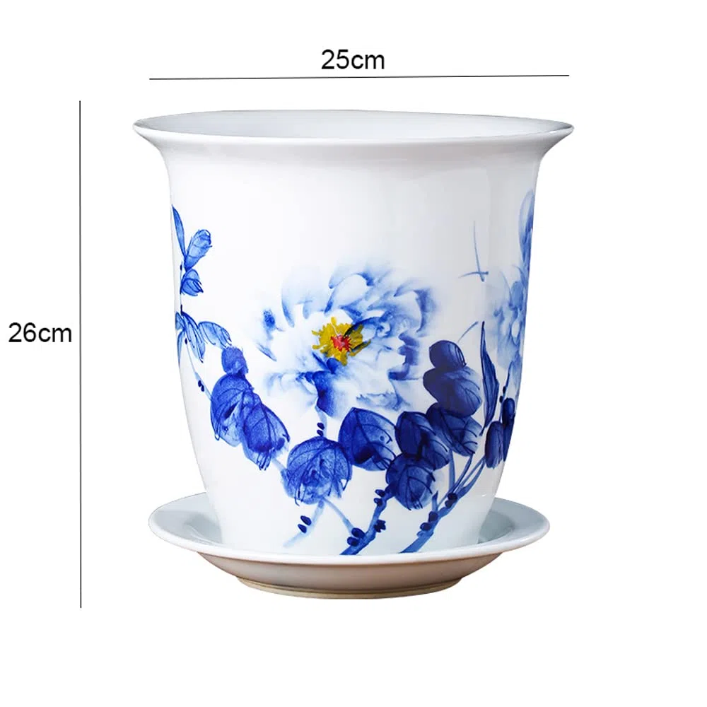 Doniczka ceramiczna Chińskie orientalne niebiesko-białe ceramiczne doniczki doniczkowe do wnętrz z porcelanowym spodkiem do ogrodu i wewnątrz, doniczka Chinoiserie