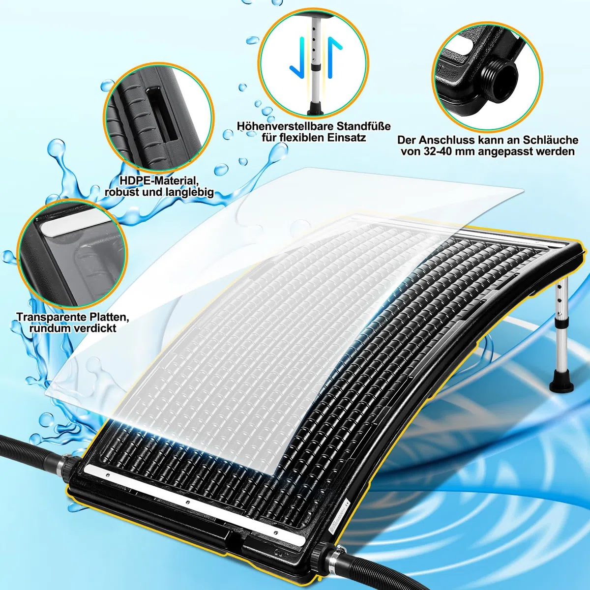 3 x ogrzewanie solarne do basenu, kolektor solarny 110 x 65 x 35 cm, z regulacją wysokości, do basenów do 10 000 l/h, przyłącze 32/38 mm, ogrzewanie basenowe, ogrzewanie solarne