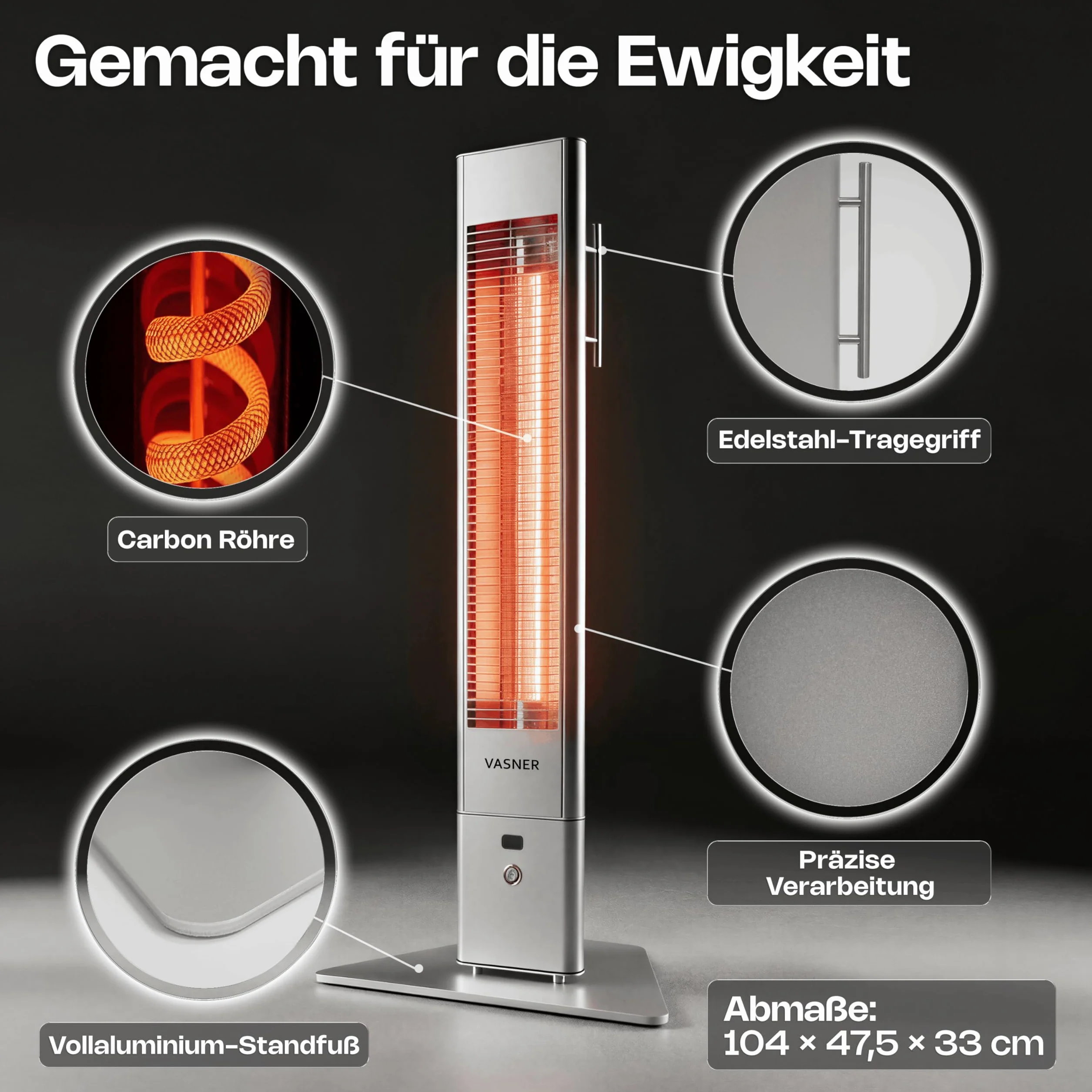 VASNER HeatTower Infrarot Heizstrahler Terrasse 2500 Watt 4 Heizstufen Standheizstrahler elektrisch mit Fernbedienung IP65 Schutz für Outdoor oder Bad