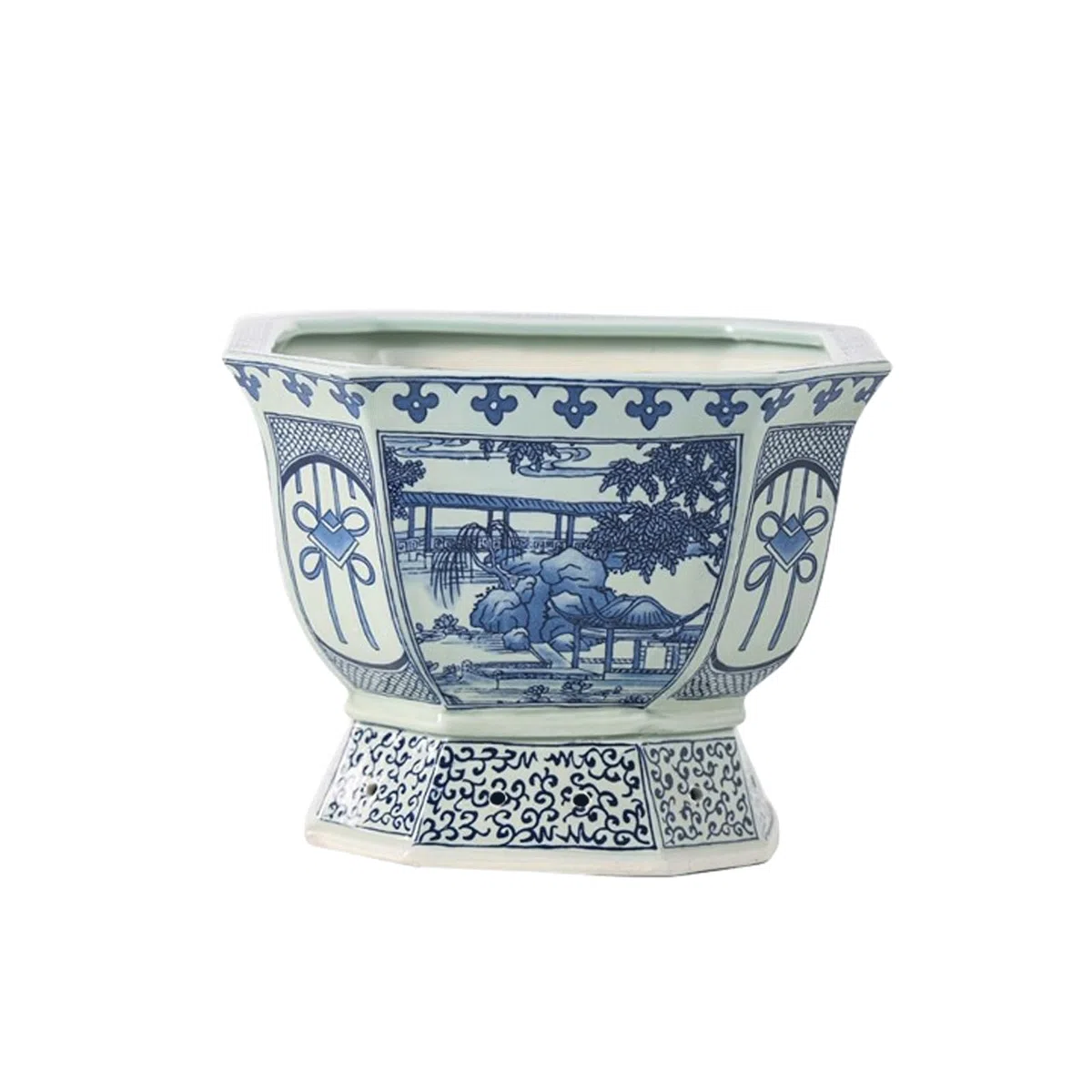 Niebieski i biały sześciokątny kwiatowy porcelanowy doniczka Chinoiserie Jingdezhen ceramiczna doniczka z otworem drenażowym chiński azjatycki design doniczka do wewnątrz i na zewnątrz