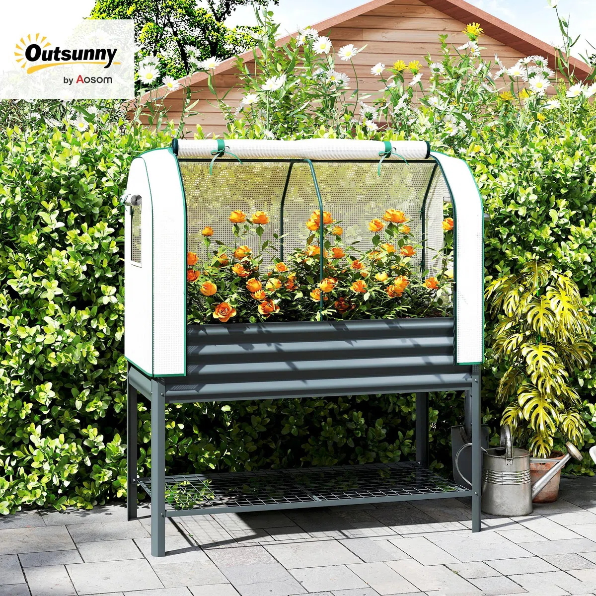 Outsunny Podwyższone łóżko ogrodowe z pokrowcem szklarniowym z metalu, skrzynka na rośliny z półką, podwyższone łóżko ogrodowe 120 x 55 x 140 cm do ogrodu, balkonu, tarasu, ciemnoszare