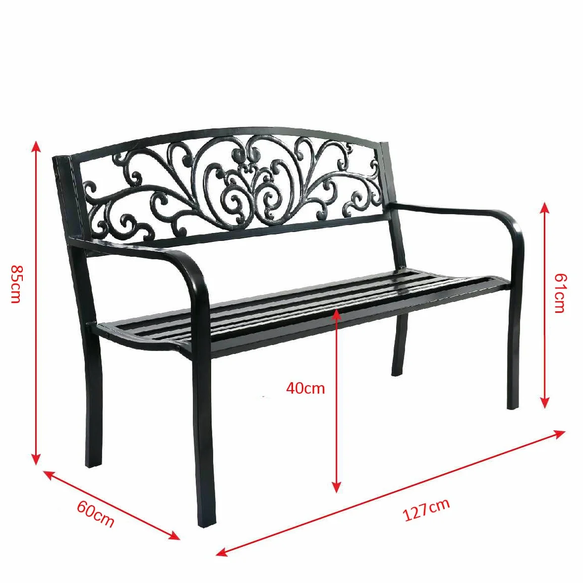 COSTWAY Ławka ogrodowa metalowa żeliwna 2-3 osobowa z oparciem i podłokietnikami 127 x 60 cm