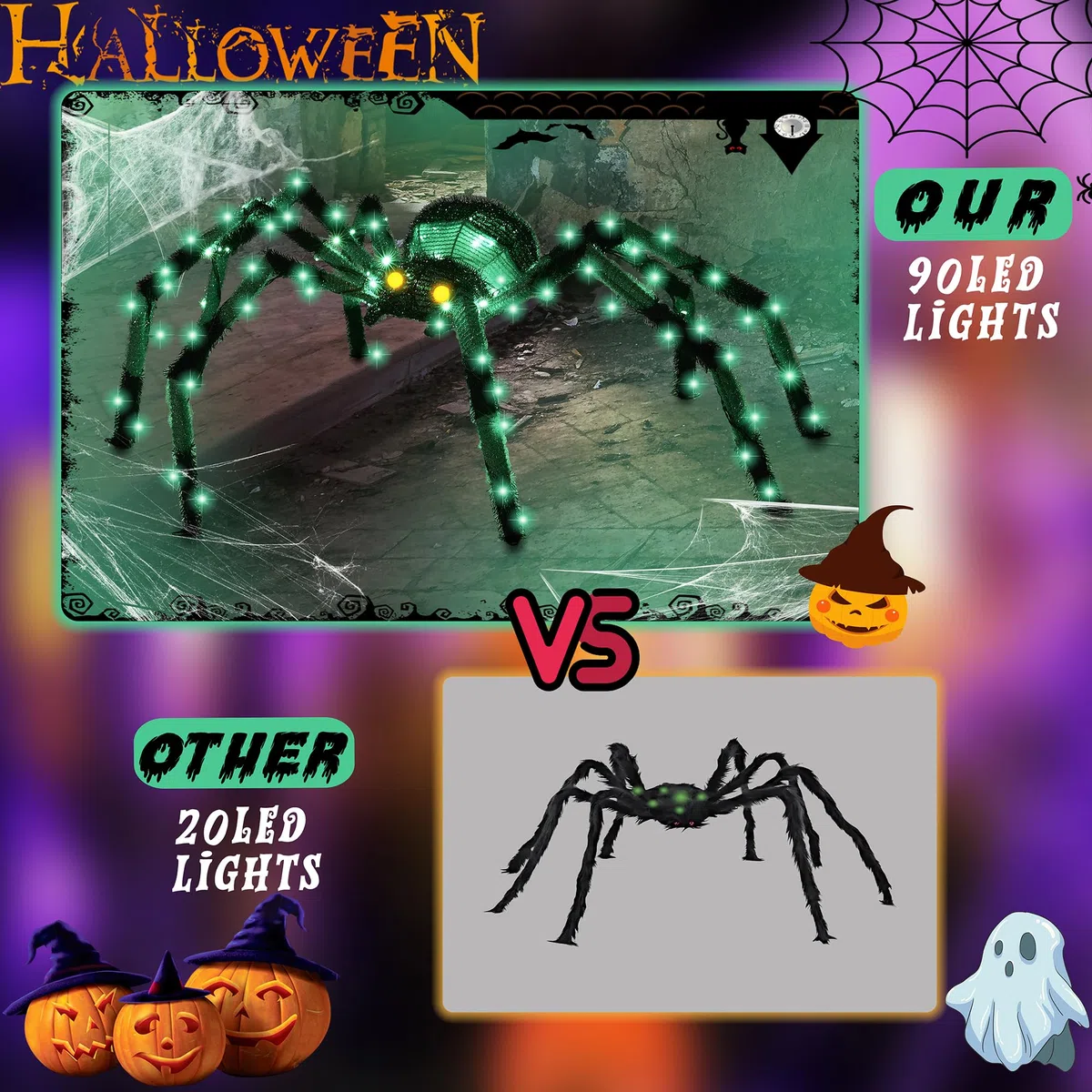 Gigantyczny pająk, dekoracje na Halloween, na zewnątrz, 132 cm, świecący pająk z 90 diodami LED, na podwórko, werandę, do ogrodu, trawnika, na imprezę halloweenową (zielony)