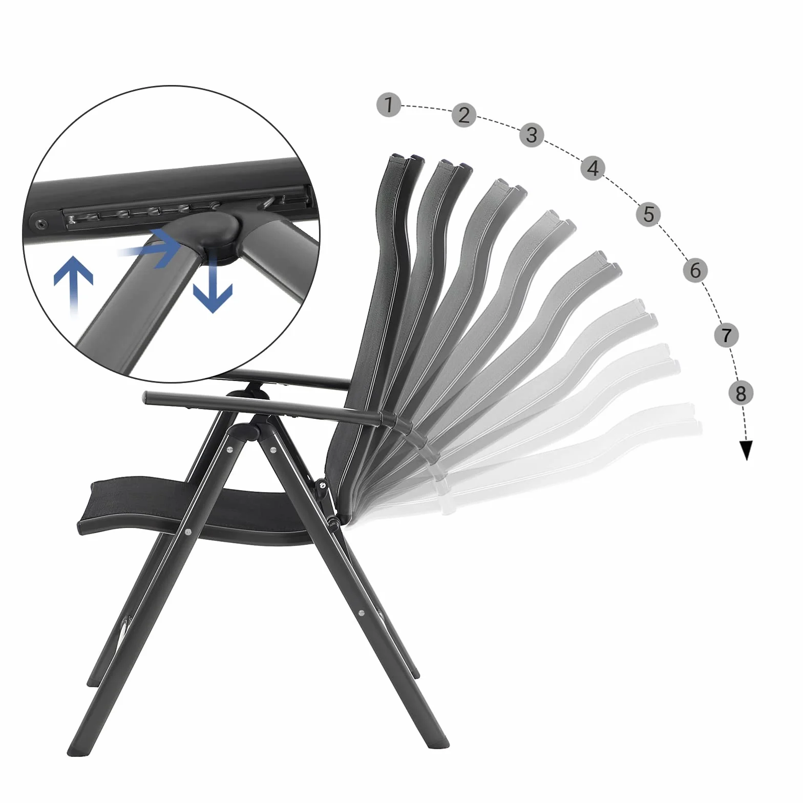 SONGMICS Krzesło ogrodowe składane z regulacją oparcia, aluminiowy stelaż, 120 kg, czarny GCB02BK