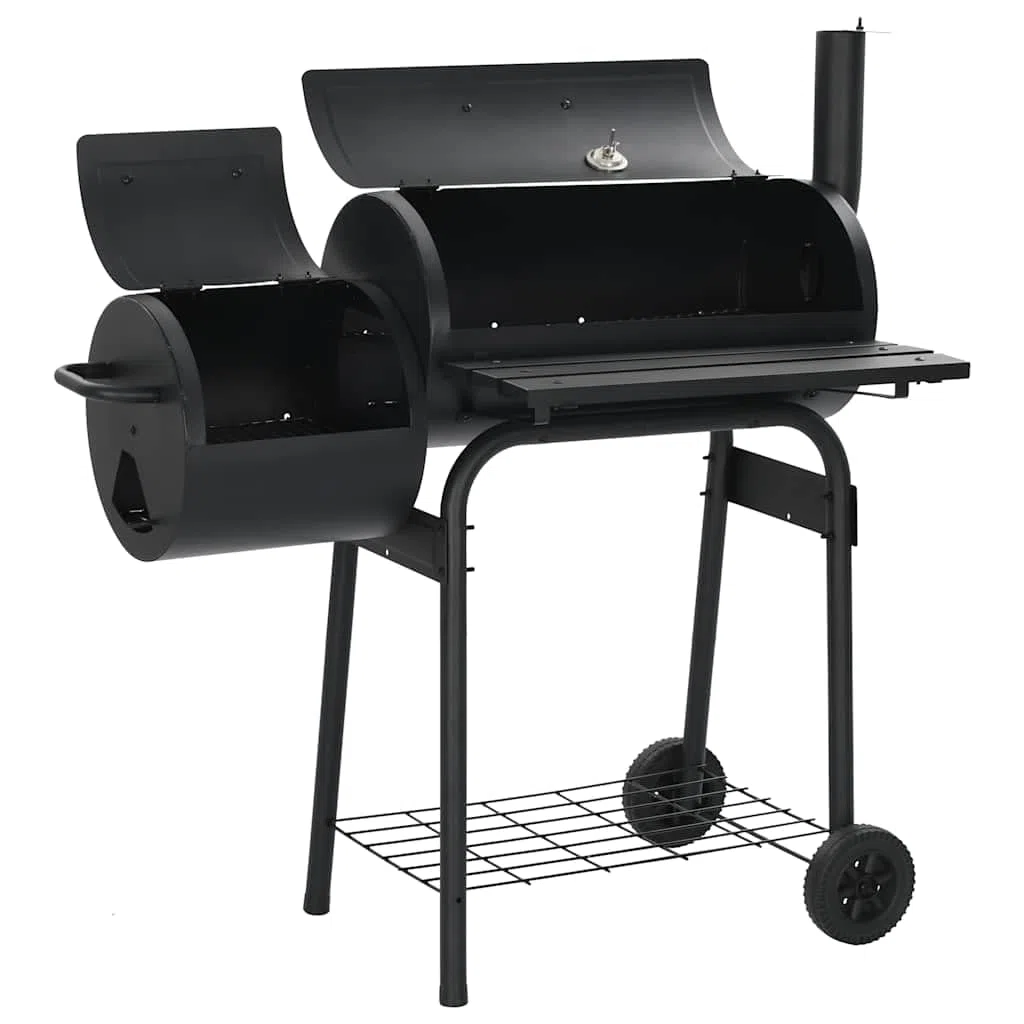 Klasyczny grill na węgiel drzewny, ze stali z termometrem, 3 chromowane ruszty, praktyczna półka, mobilny z 2 kółkami, do ogrodu, na taras, na zewnątrz, bez dymu