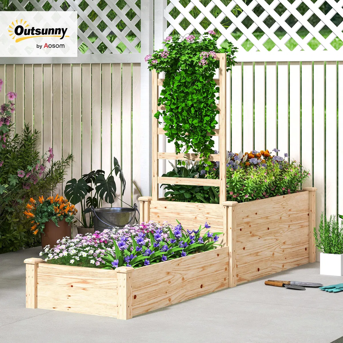 Outsunny Skrzynka na kwiaty z kratką, podniesione łóżko ogrodowe, 2 pojemniki na rośliny z otwartym dnem, drewniana skrzynka na kwiaty na balkon, taras, patio, 222 x 63 x 132 cm, naturalne drewno