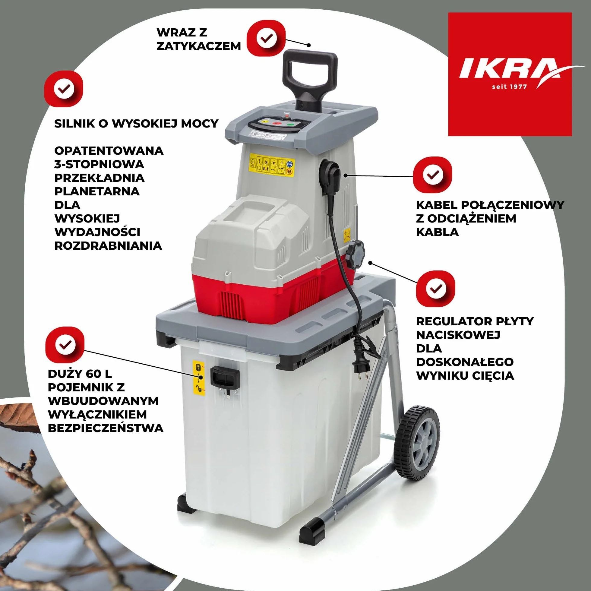 IKRA rozdrabniarka elektryczna ILH 3200 A – cicha, wytrzymała, niewymagająca konserwacji, moc 3200 W, grubość gałęzi do 44 mm