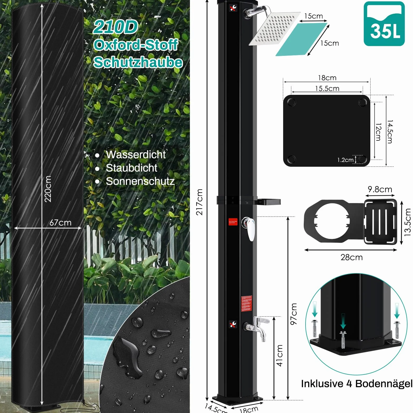 LIFERUN Prysznic solarny 35 l, prysznic ogrodowy, ciepła woda do 60°C, z deszczownicą, kranem, skrzynką na mydło i pokrowcem ochronnym, prysznic basenowy, na kemping, do ogrodu, na balkon i basen, bez
