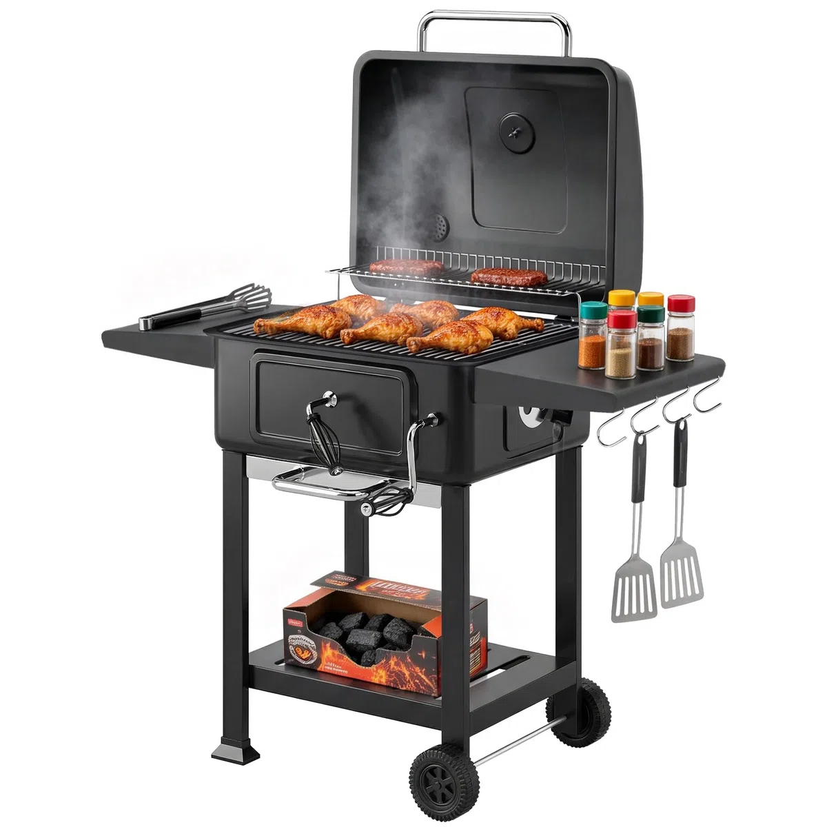 Outsunny Grill węglowy BBQ Smoker z pokrywą, termometrem, regulowaną wysokością węgla, kominem, rusztem, boczną półką i tacką na popiół, grill na kółkach do ogrodu i kempingu