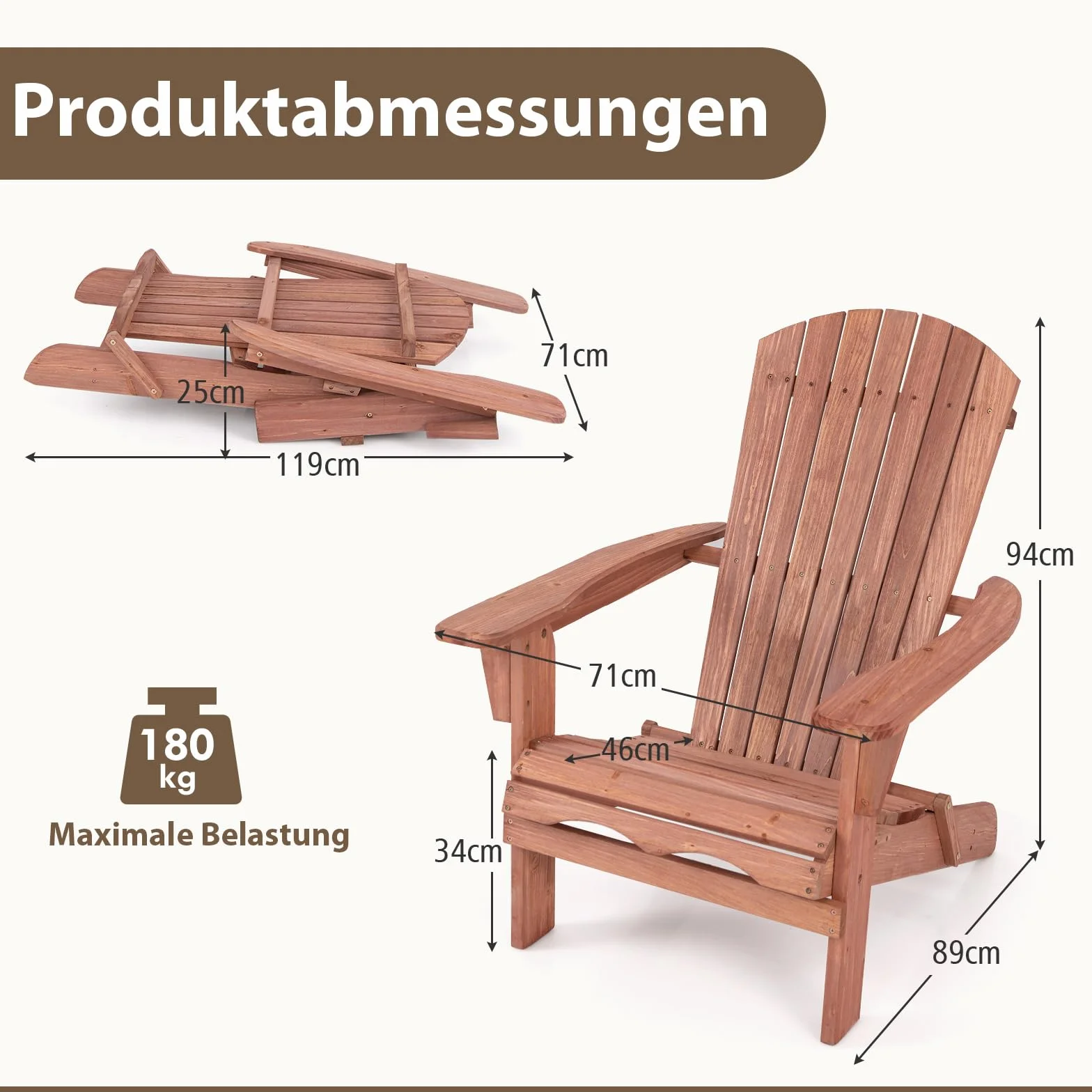 GOPLUS Adirondack zestaw krzeseł, Adirondack Chair składane z drewna jodłowego, obciążenie do 180 kg, z ergonomicznym oparciem i szerokimi podłokietnikami, drewniane krzesła do użytku na zewnątrz, do