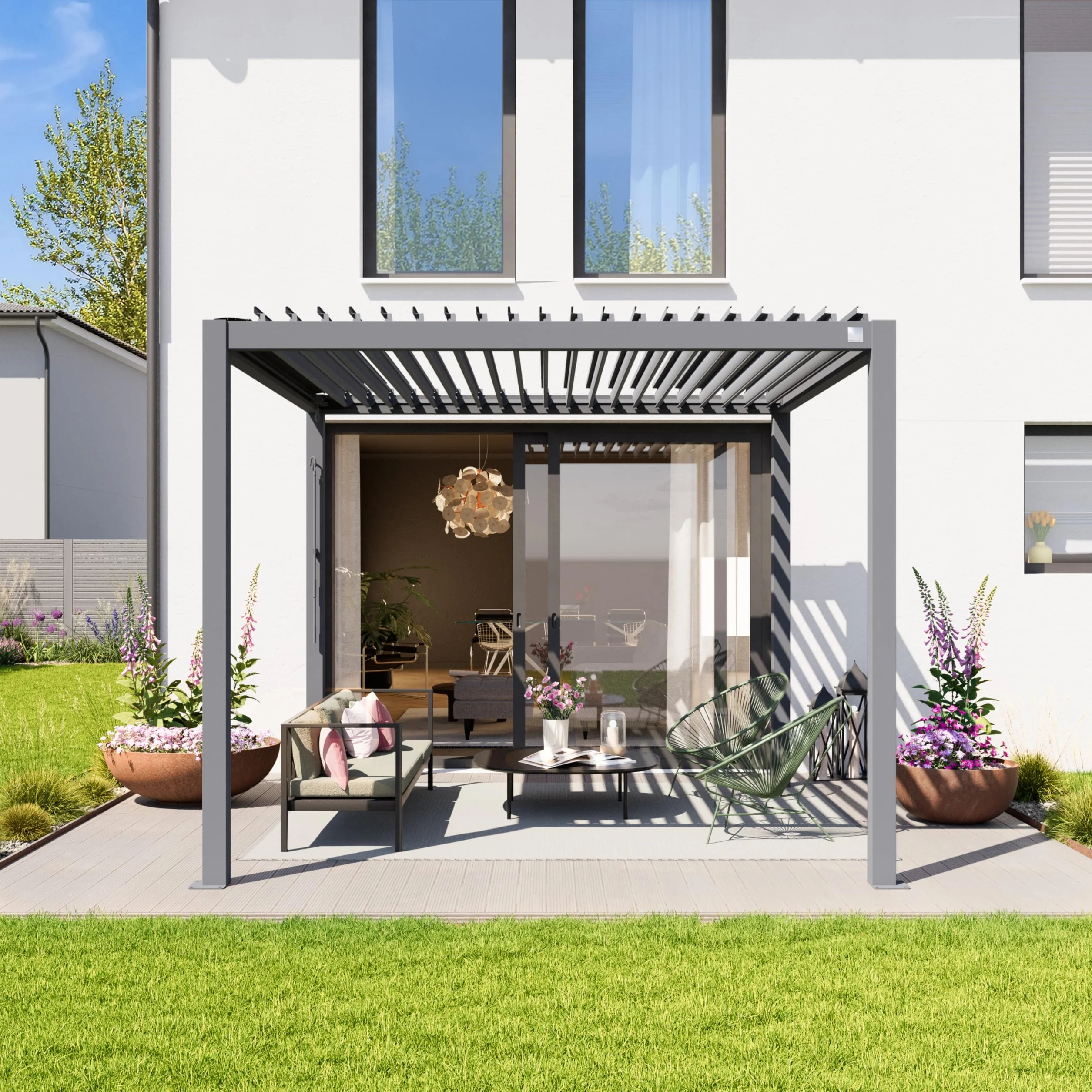 PRIMEYARD Pergola 3x3 m słupy aluminium z dachem z listew stalowych szara osłona tarasu