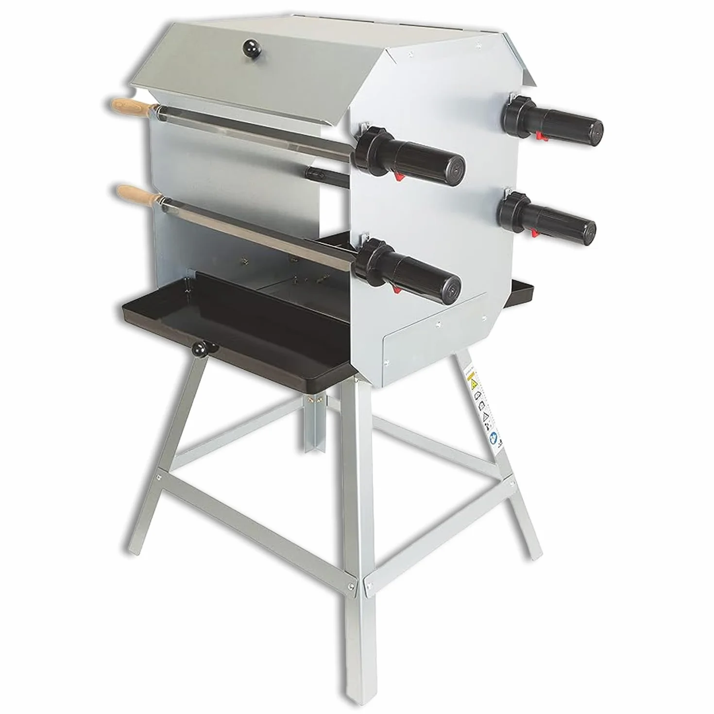Grill do pieczenia, drewniany grill z 4 rożnami, w zestawie z silnikami zasilanymi bateryjnie, na 52 porcje, grill obrotowy, grill mango. Wymiary po zmontowaniu: (wys.) 86 cm x (gł.) 53 cm x (wys.) 52 cm