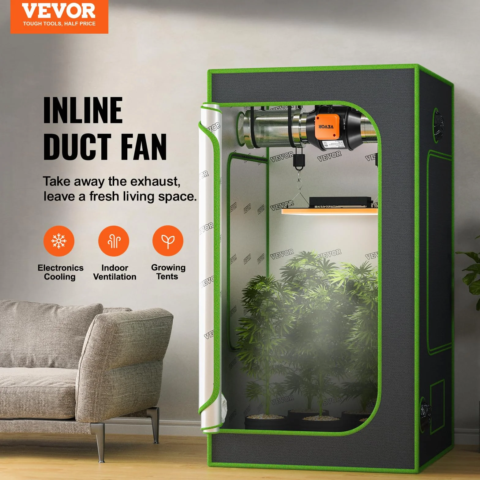 VEVOR Inline wentylator kanałowy, 21 W, 205 CFM z regulatorem temperatury i wilgotności, cichy silnik EC, wentylator wyciągowy do chłodzenia, wzmacniacza wzrostu, hydroponiki