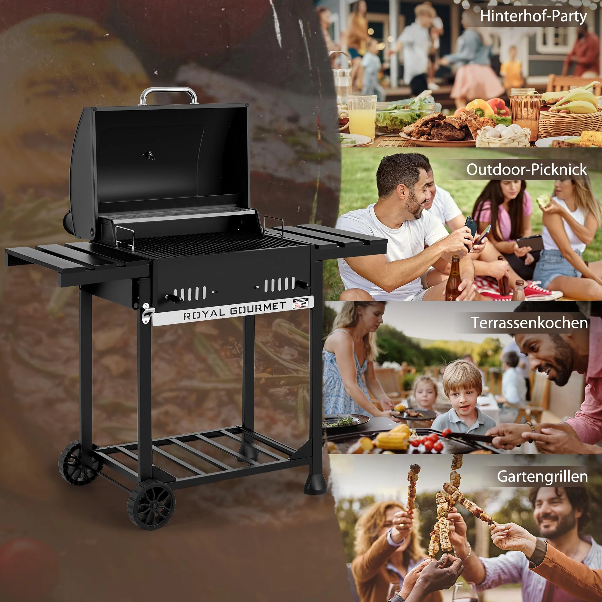 Royal Gourmet Grill na węgiel drzewny, grill na kółkach ze składanymi półkami bocznymi, grill stojący z Decekl, termometr, grill węglowy, czarny