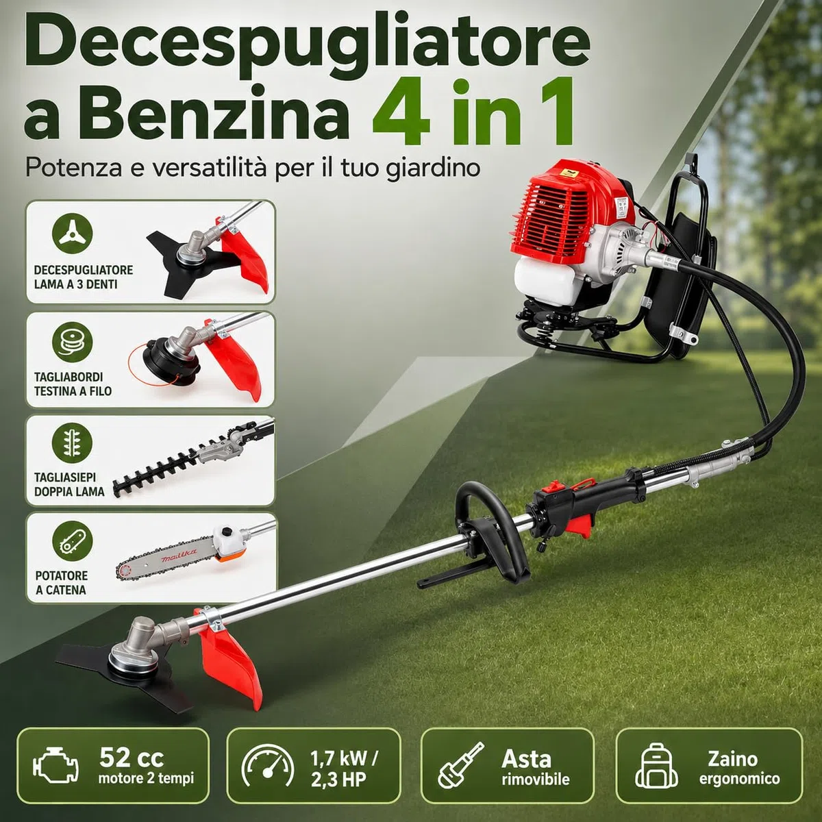 Kosiarka spalinowa 4 w 1, 52 cm³, 2-suwowa podkaszarka do trawy, przenośna podkaszarka spalinowa do szczotki, przecinarki, piły łańcuchowej, podkaszarki do trawnika/podkaszarki do żywopłotu