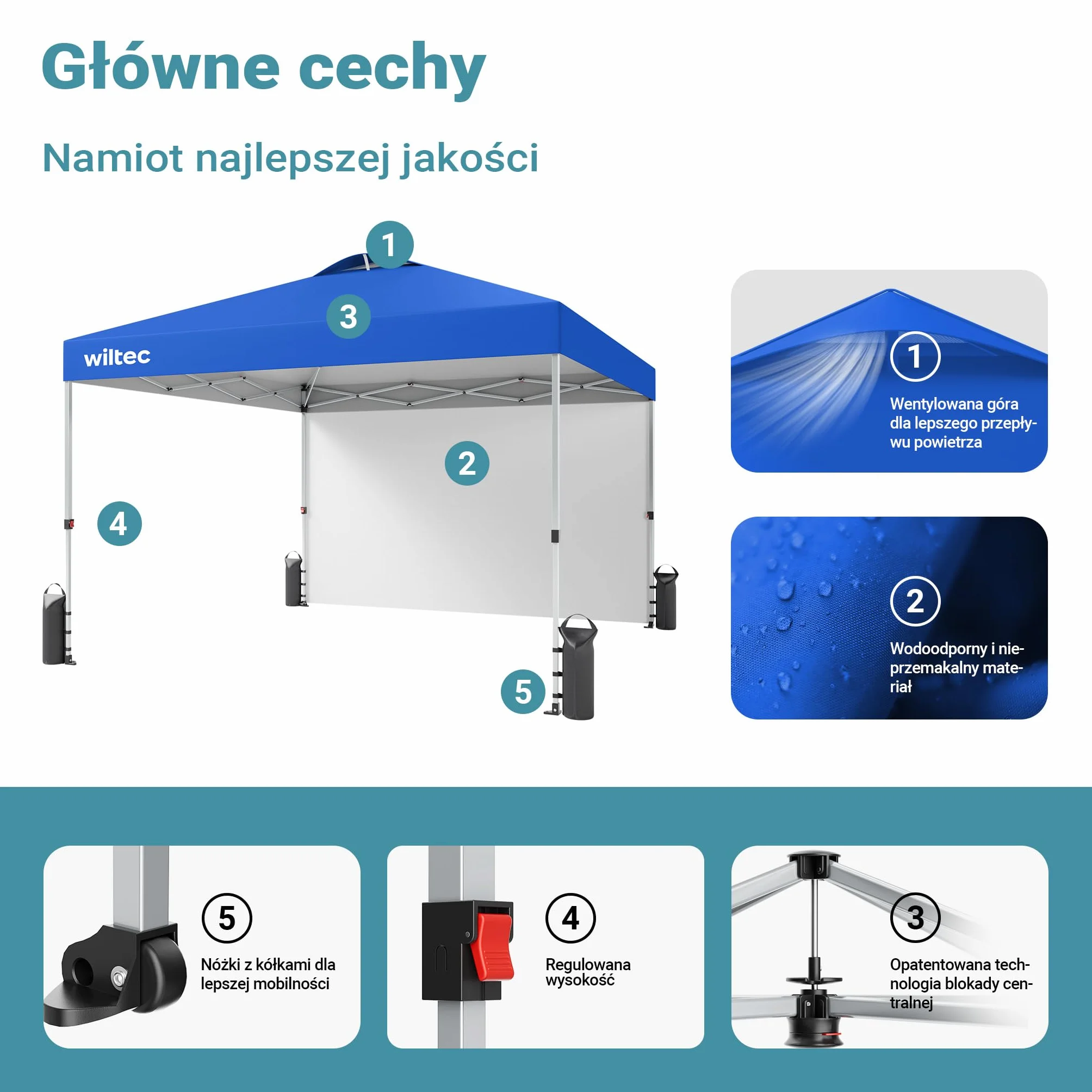 Wiltec Namiot ogrodowy składany 3x3m niebieski ze ścianą