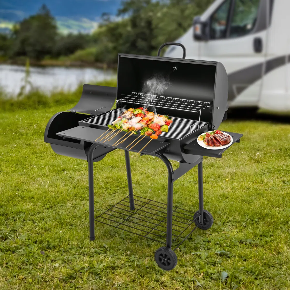 Przenośny grill na węgiel drzewny, składany grill kempingowy do ogrodu, na piknik, plażę, czarny