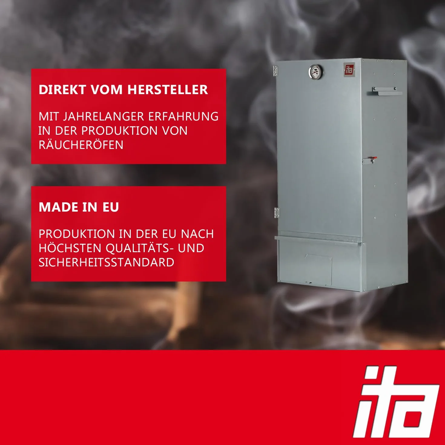 ITA Elektryczny piec wędzarniczy 7001 – zestaw do wędzenia z ogrzewaniem, generator dymu – szafka wędzarnicza z termometrem – stal stopowa – jakość UE, bezpośrednio od producenta – 81 cm z 3 poziomami