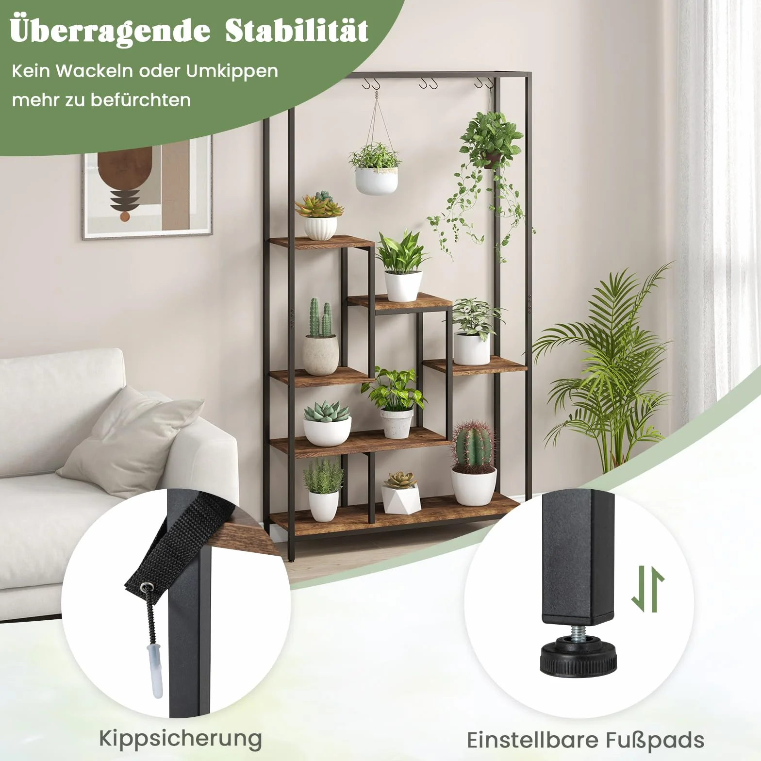 COSTWAY Stojak na rośliny, 6 poziomów, 180 cm, metalowy regał na kwiaty z 10 haczykami w kształcie litery S i półką z kratki, stojak na kwiaty, na balkon, do salonu (rustykalny brąz)