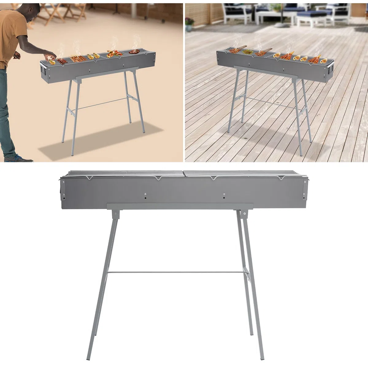Przenośny grill na węgiel drzewny, składany grill kempingowy, przenośny, składany, 100 x 18 cm, na kemping, piknik, do ogrodu i na plażę, do użytku dla 5-10 osób