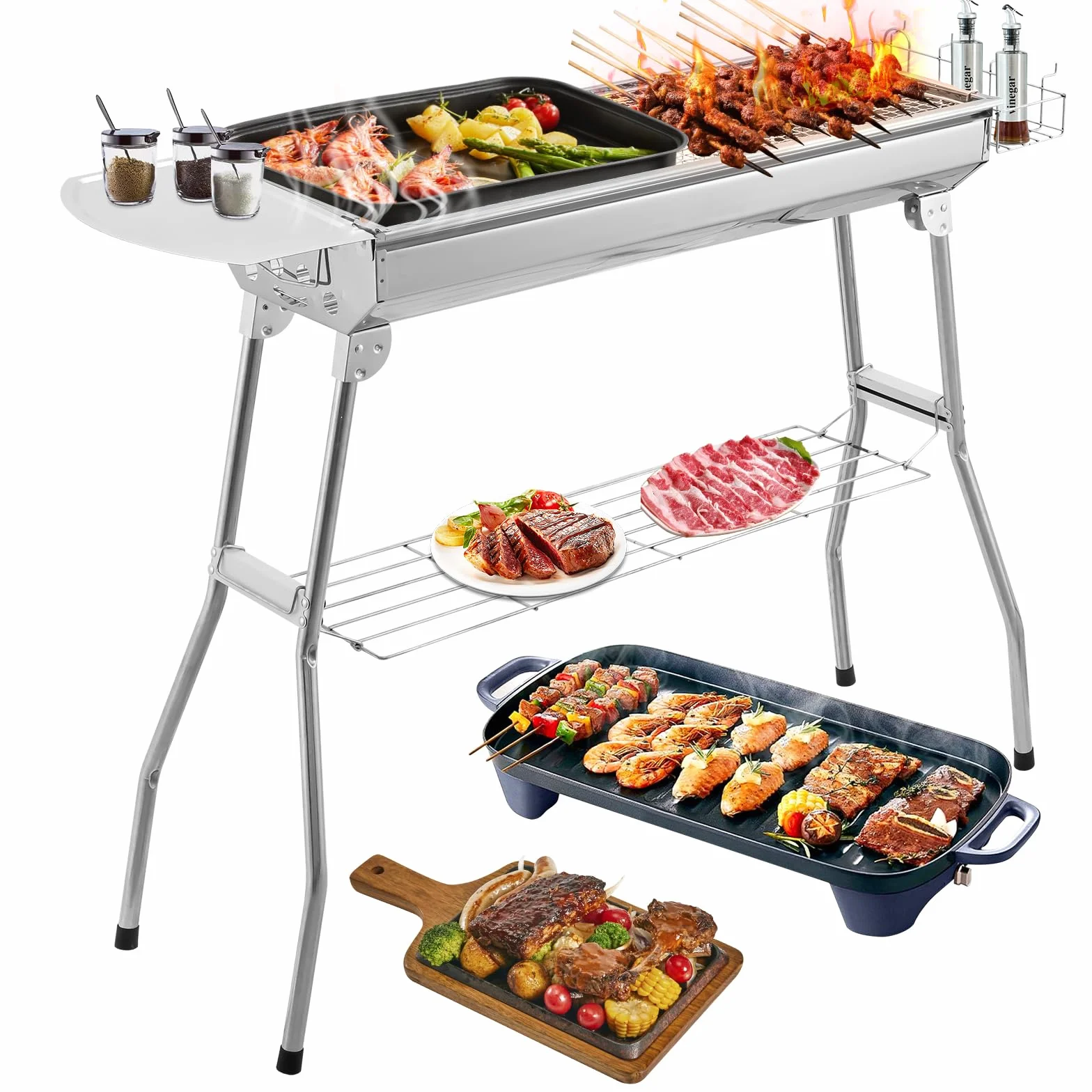 Grill na węgiel drzewny XXL (73 x 28 x 76 cm), przenośny grill węglowy, składany grill ze stali nierdzewnej, grill z tacą na przyprawy, kosz do przechowywania, grill stojący, grill węglowy, składany