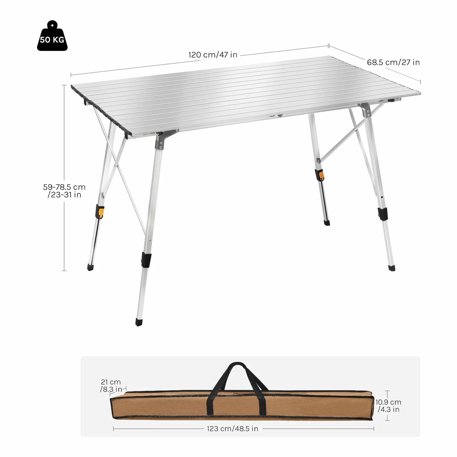 WOLTU CPT8132sb Aluminiowy Stół Kempingowy Składany 120x68,5 cm z Torbą Regulacją Wysokości