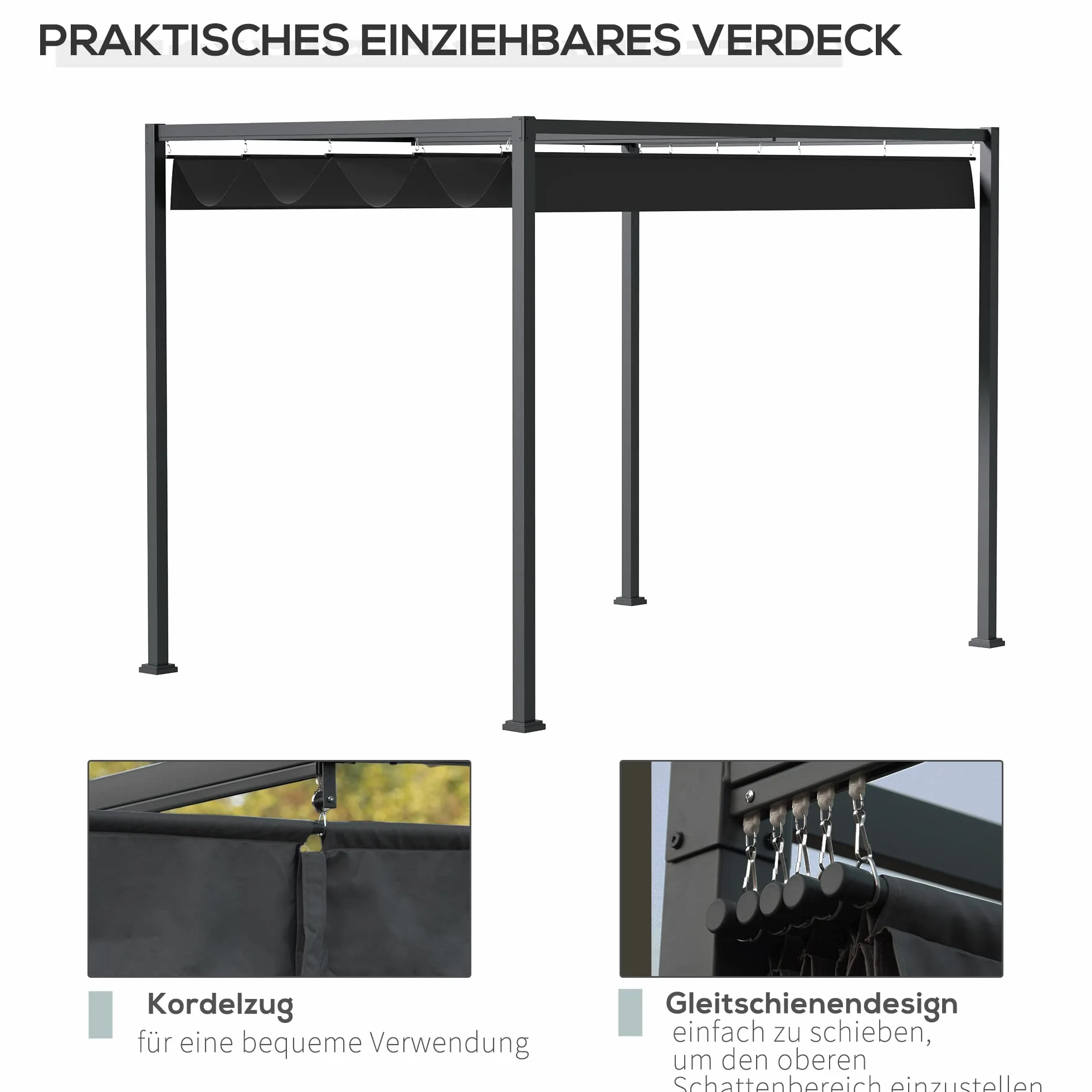 Outsunny Pergola Pawilon zadaszenie tarasu z rozsuwanym dachem, poliester czarny 298 x 213 x 222 cm