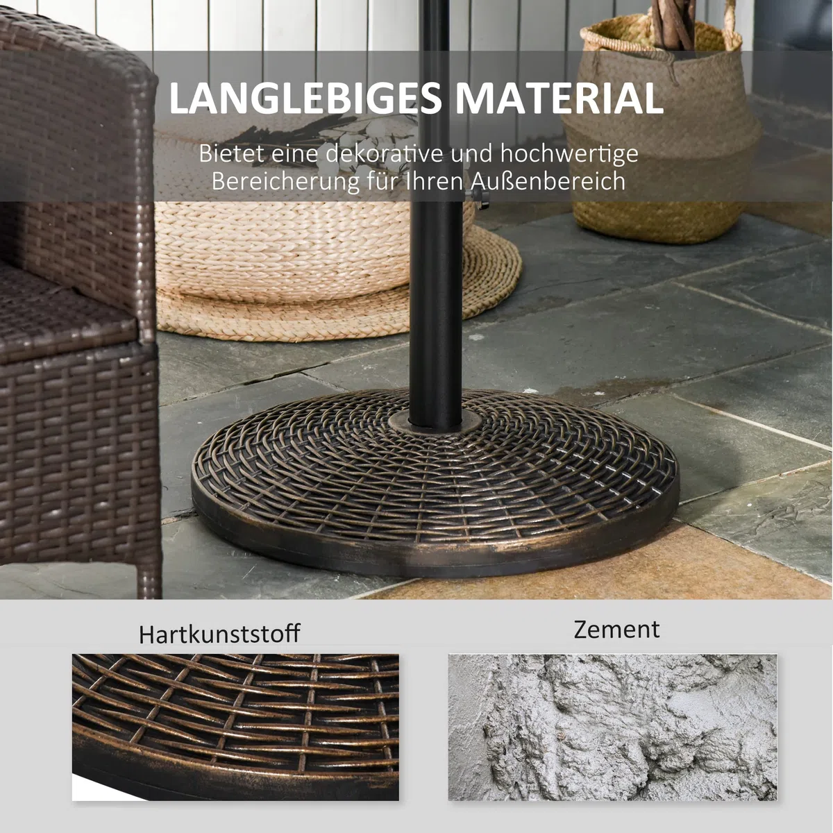 Outsunny Stojak na parasole przeciwsłoneczne, stojak na parasole 25 kg, imitacja rattanu, stojak na kosz Ø 35/Ø 38/Ø 48 mm tworzywo sztuczne + cement, antyczny brąz, Ø 53 x 40 cm
