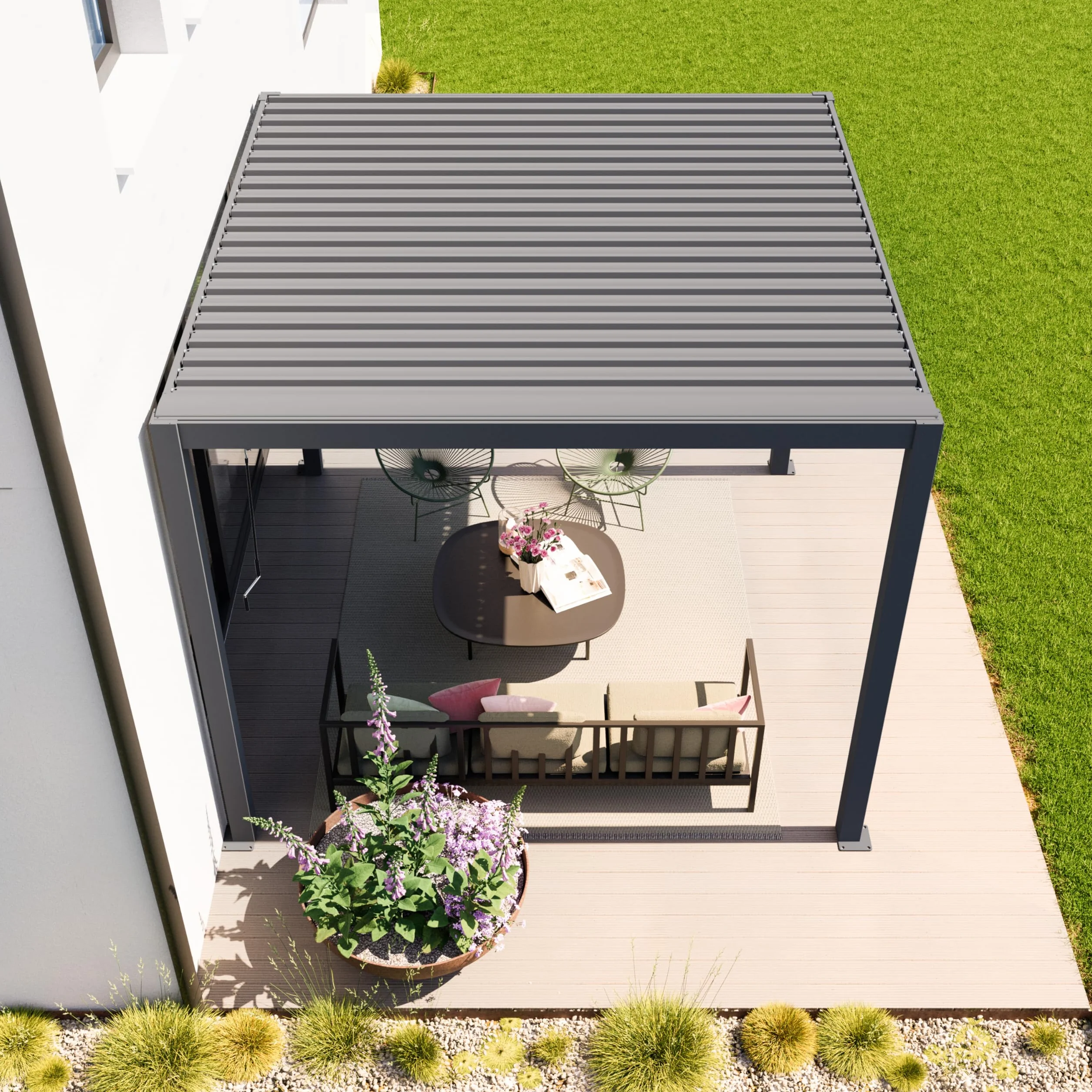 PRIMEYARD Pergola 3x3 m słupy aluminium z dachem z listew stalowych szara osłona tarasu