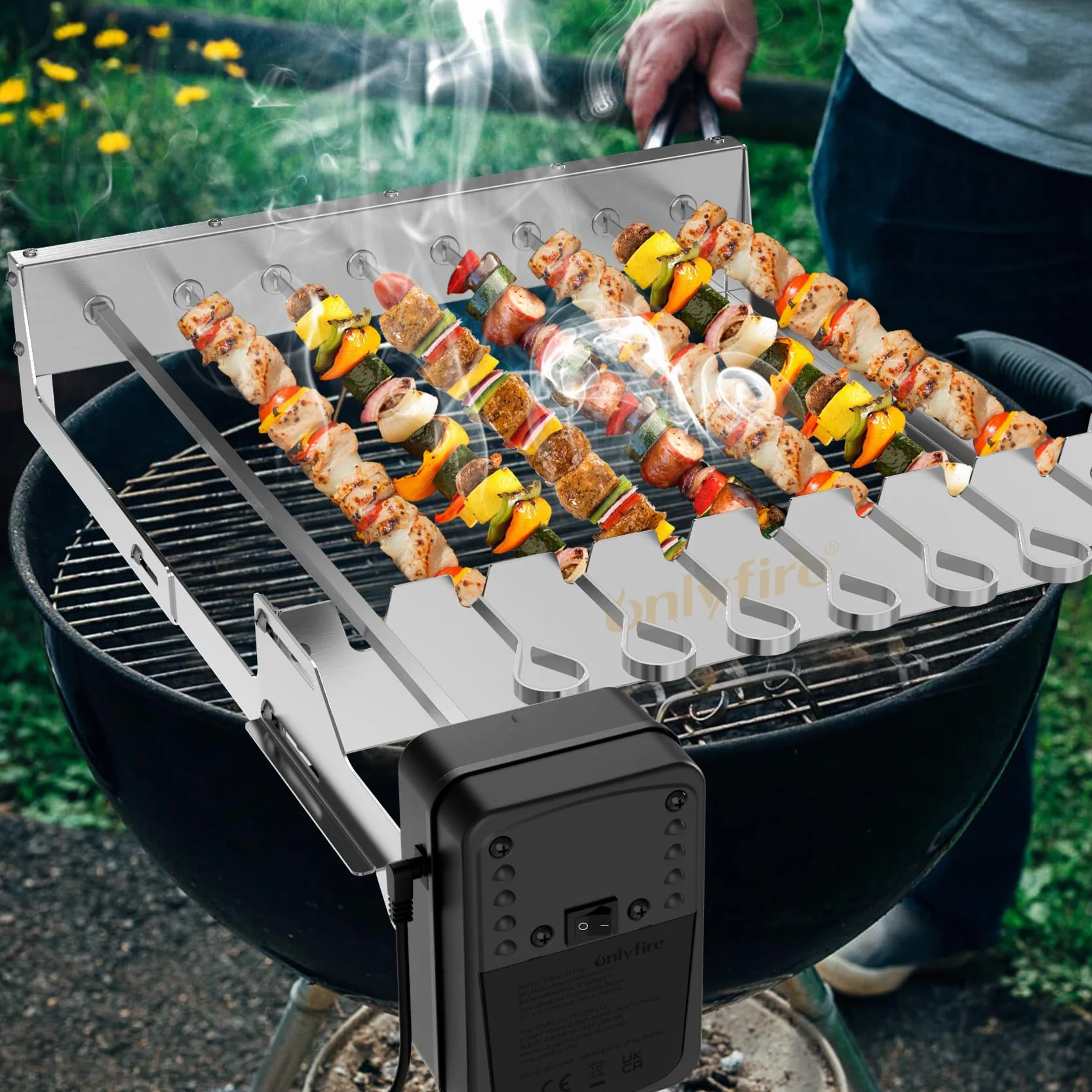 Onlyfire Elektryczny Szpikulca ze Stali Nierdzewnej, Obrotowy Stojak do Grillowania Zestaw Shish Kabob z 7 Szpikulcami i Dwufunkcyjnym Silnikiem Rożna