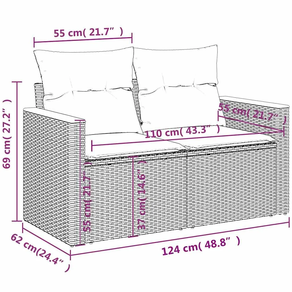 vidaXL Sofa ogrodowa z poduszkami, 2-osobowa, czarna, z polirattanu