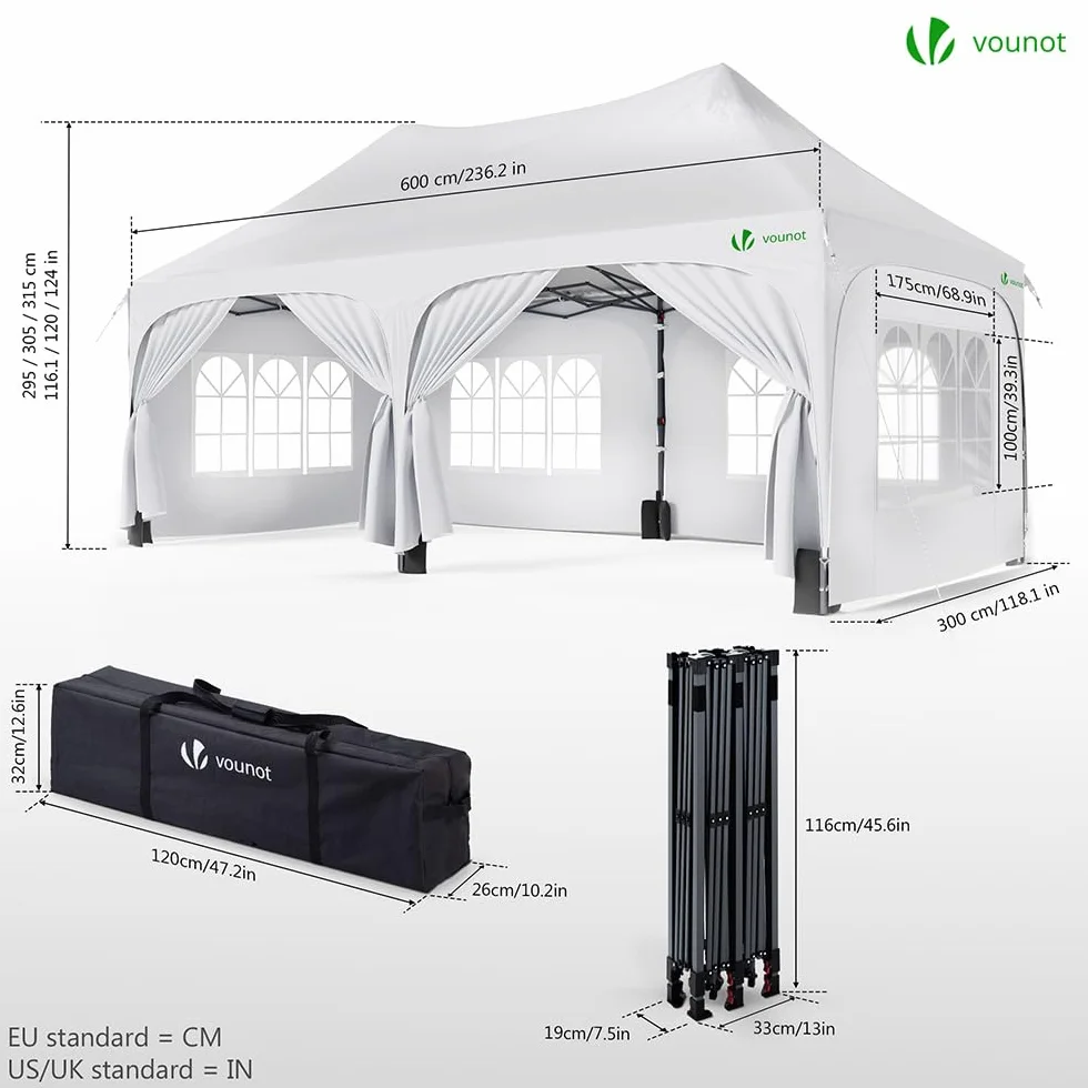 VOUNOT Namiot składany altanka 3x6m z bokami, wodoodporny altana anty-UV regulowana wysokość, pawilon ogrodowy pergola z workami z piaskiem i torbą do przenoszenia na kemping imprezy weselne na