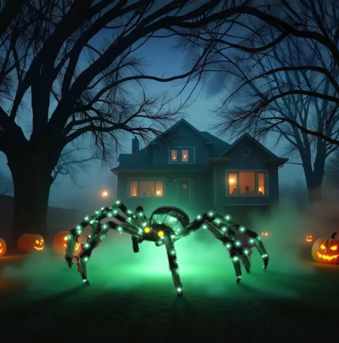 Gigantyczny pająk, dekoracje na Halloween, na zewnątrz, 132 cm, świecący pająk z 90 diodami LED, na podwórko, werandę, do ogrodu, trawnika, na imprezę halloweenową (zielony)