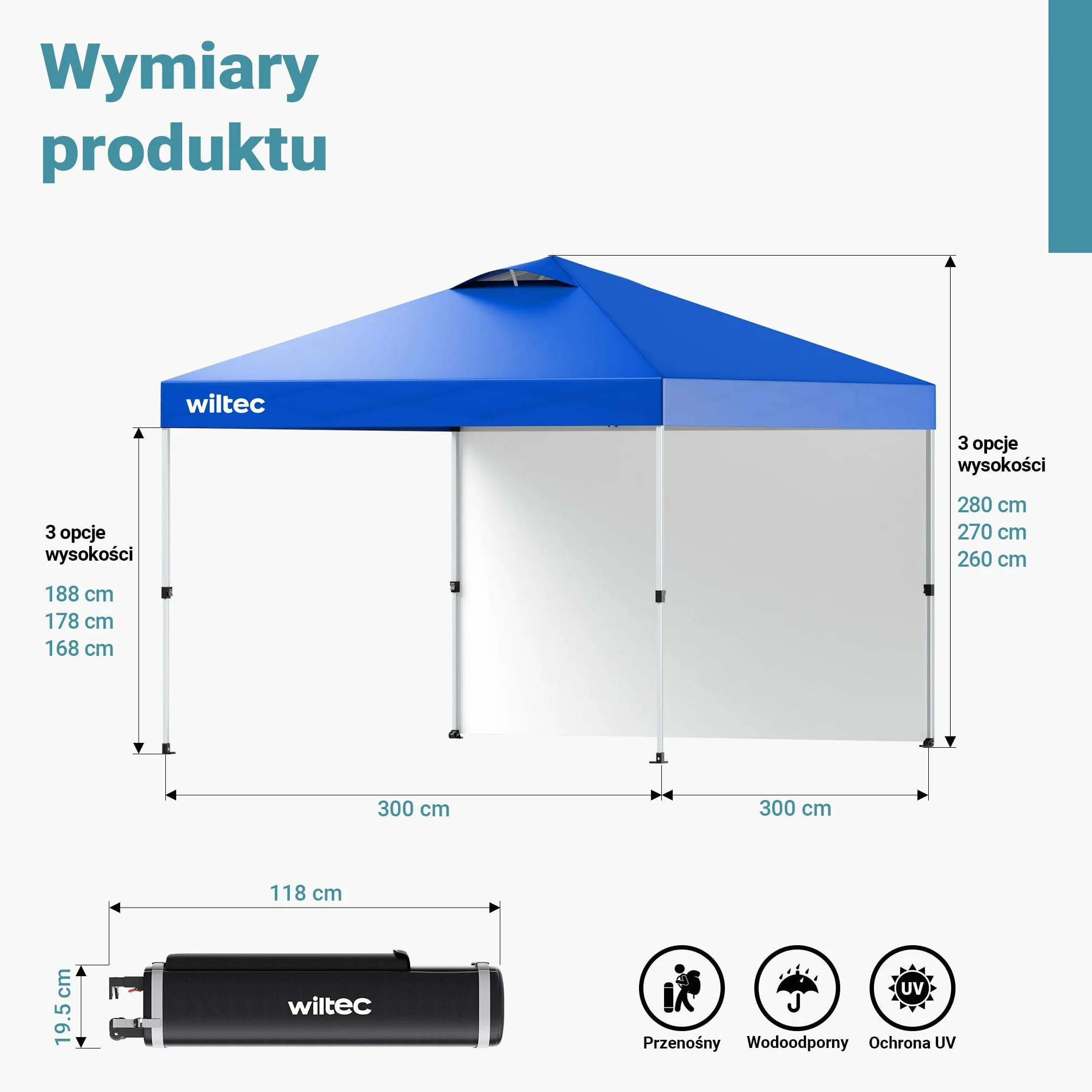 Wiltec Namiot ogrodowy składany 3x3m niebieski ze ścianą