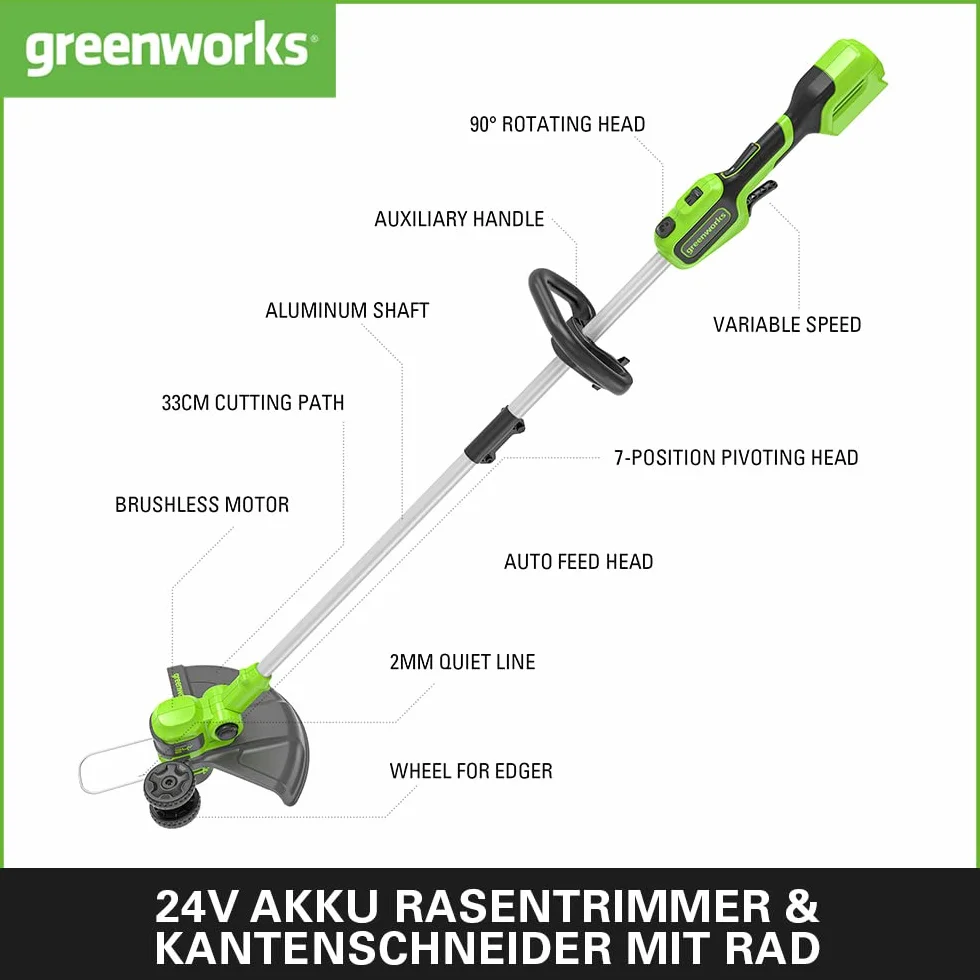 Greenworks GD24LT33K4 Akumulatorowa Podkaszarka Krawędziarka z Kołem do Małych i Średnich Ogrodów, Szerokość Cięcia 33 cm, Automatyczny Wysuw Żyłki Nylonowej 2 mm, Baterii 24V 4Ah i Ładowarki