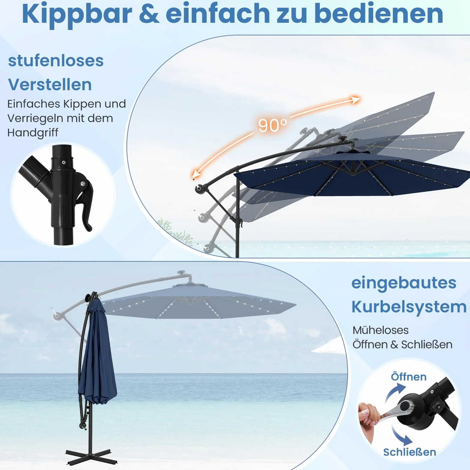 COSTWAY Parasol przeciwsłoneczny ze stojakiem i diodami LED, Ø 300 cm, z korbą, parasol ogrodowy, ochrona przed promieniowaniem UV, parasol na taras, do ogrodu, na basen, taras (niebieski)