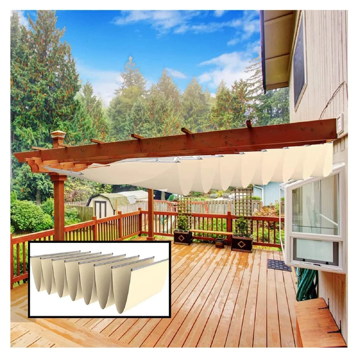 Żagiel przeciwsłoneczny, pergola w kształcie litery U, zwijana markiza do zawieszenia przewód do tarasu, ganku, patio, zadaszenie dołączone elementy (kolor: beżowy, rozmiar: 1,3 x 4 m)