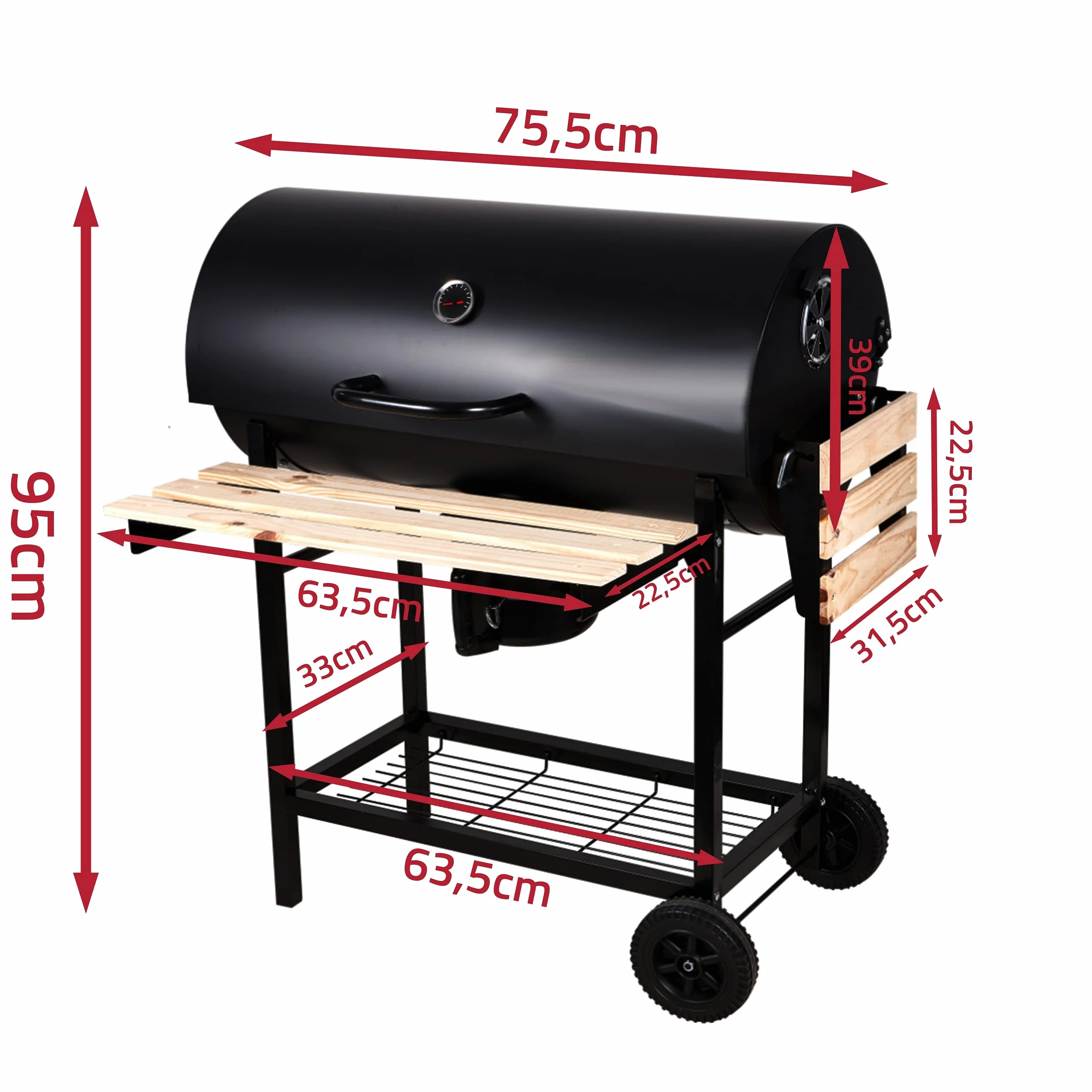 GrillMaster Okrągły Beczka BigBend GM2020 +Fartuch, Grill Ogrodowy, Węglowy, z Pokrywą, z Kółkami, Przesłony do Cyrkulacji Powietrza, Dodatkowe Półki
