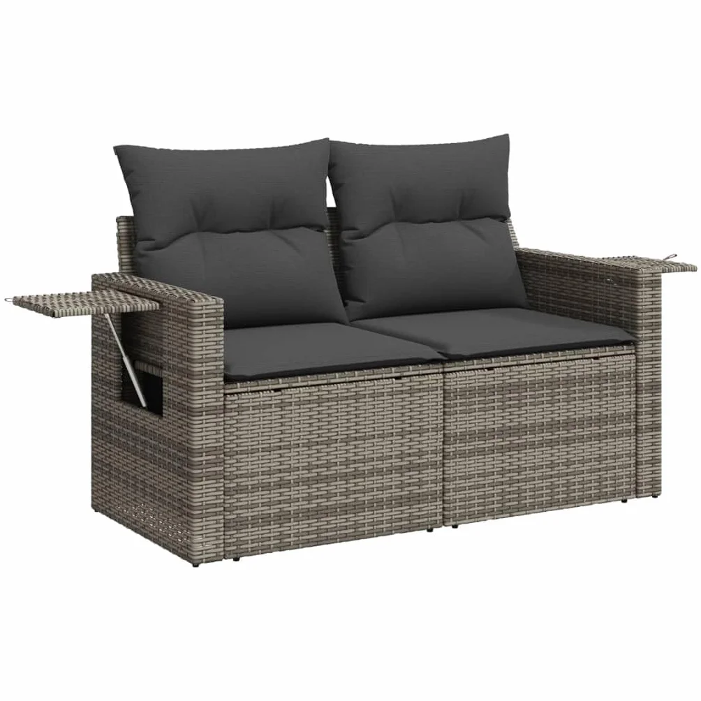 vidaXL Sofa ogrodowa z poduszkami, 2-osobowa, szara, polirattan, kanapa ogrodowa, siedzisko ogrodowe, 2-osobowa sofa ogrodowa, kanapy ogrodowe