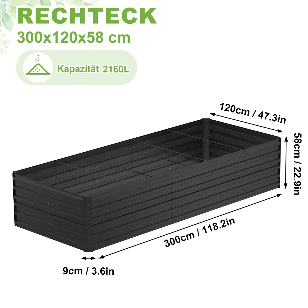 LZQ Podwyższona grządka metalowa, 300 x 120 x 58 cm, XL, do ogrodu, ocynkowana, skrzynka na rośliny, grządka na rośliny, grządka na zioła, ze stali nierdzewnej, inspekt, podwyższona grządka do warzyw