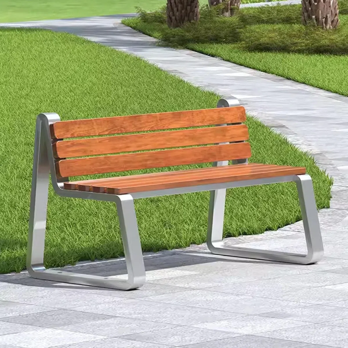 Ergonomiczna 3-osobowa drewniana ławka zewnętrzna z oparciem, nogi ze stali nierdzewnej, do trawnika, ogrodu, werandy, parku, łatwa instalacja, idealna do rekreacji na świeżym powietrzu