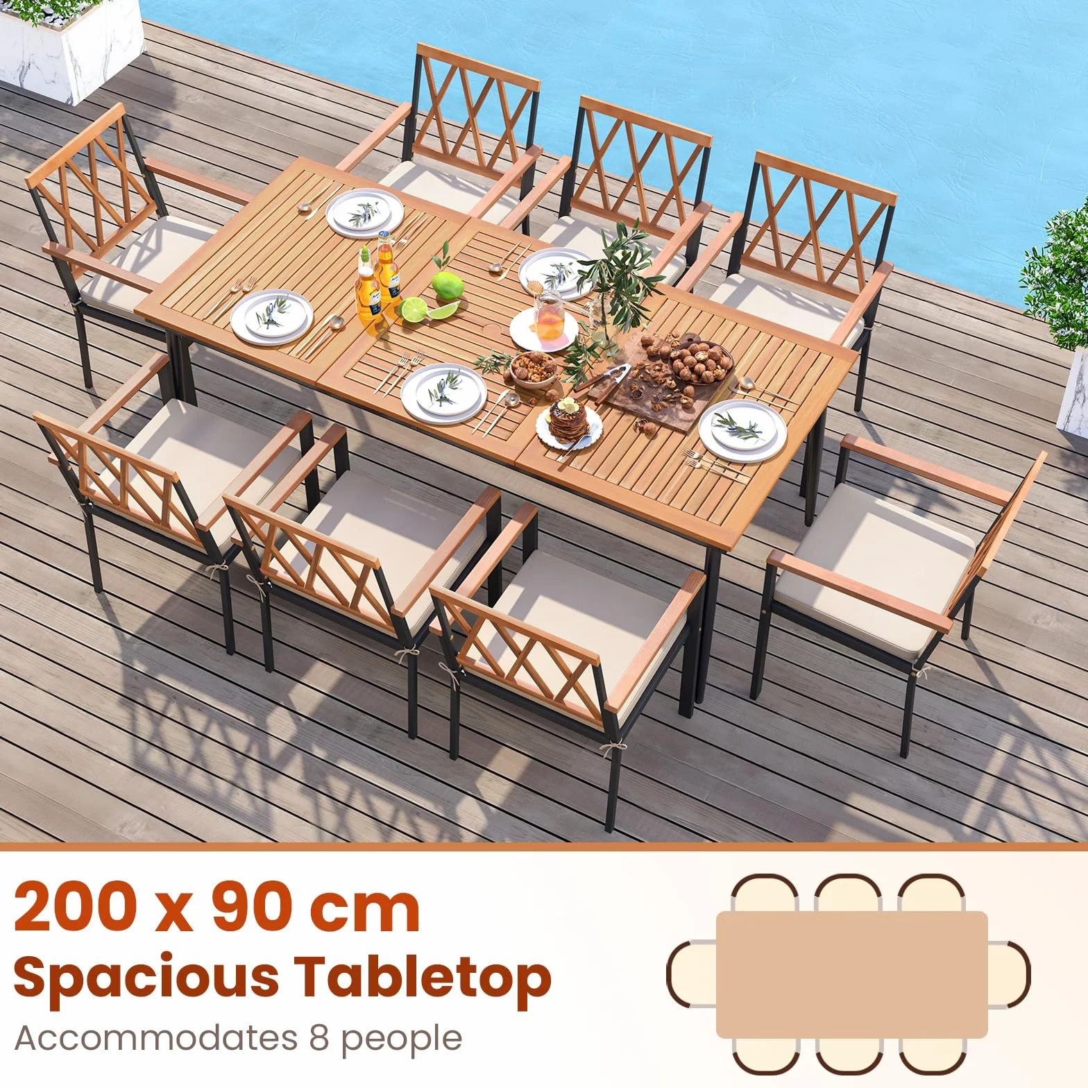 GIANTEX Stół ogrodowy z otworem na parasol Ø 5 cm, prostokątny stół zewnętrzny z drewna akacjowego dla 8 osób, metalowe nóżki, na taras, patio, 200 x 90 x 75 cm